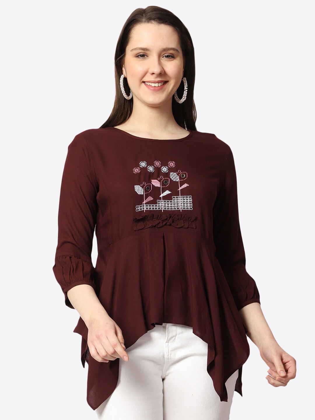 

Prettify Floral Embroidered Empire Top, Burgundy