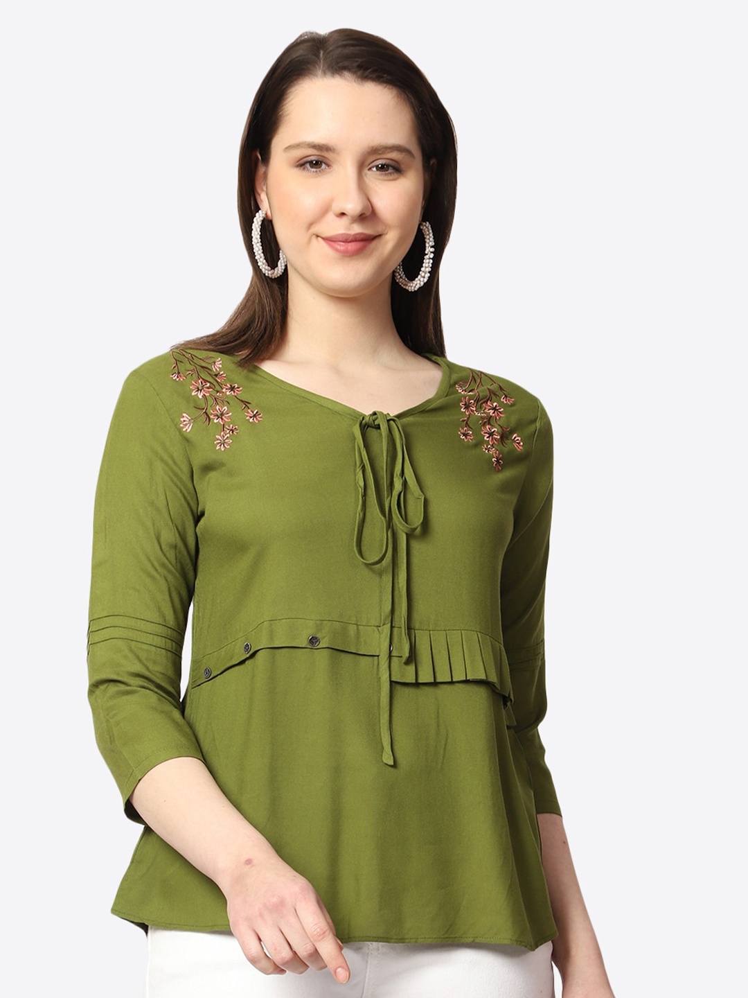 

Prettify Floral Embroidered Tie-Up Neck Empire Top, Green