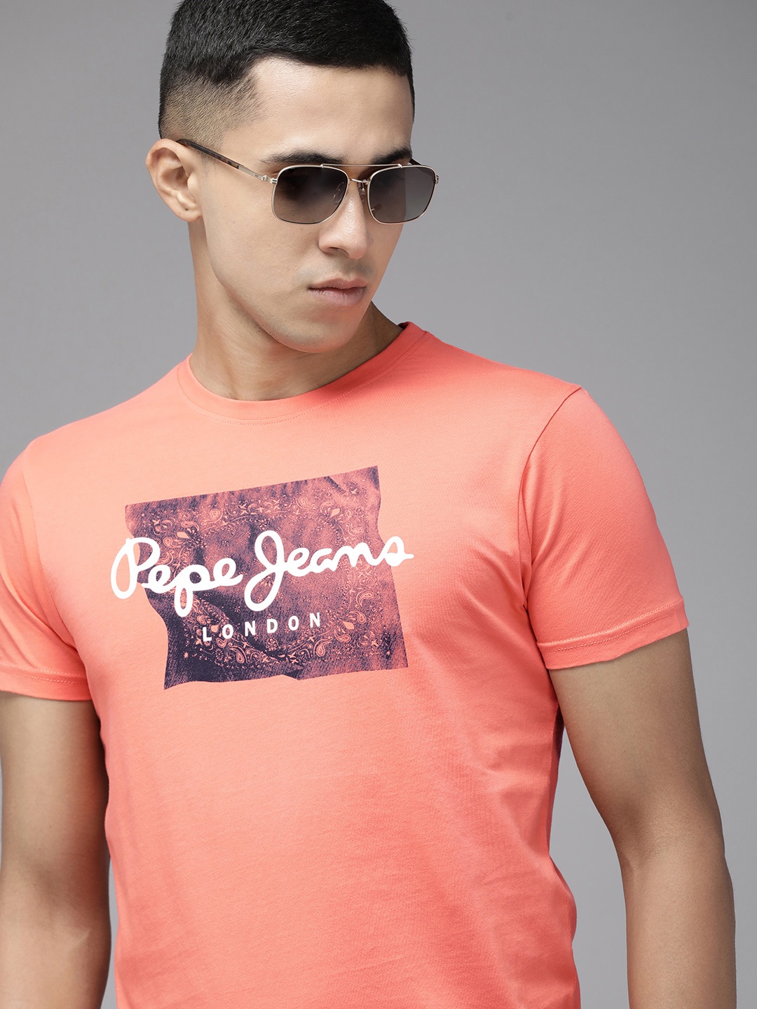 

Pepe Jeans Men Pure Cotton Brand Logo Printed Slim Fit T-shirt, Peach