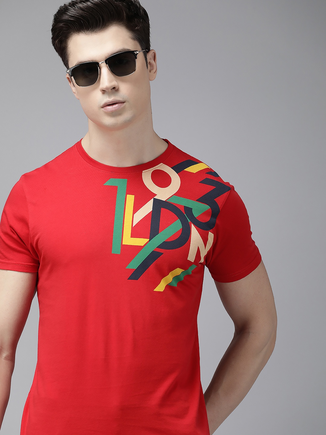 

Pepe Jeans Men Red & Navy Blue Typography Printed Pure Cotton Slim Fit T-shirt