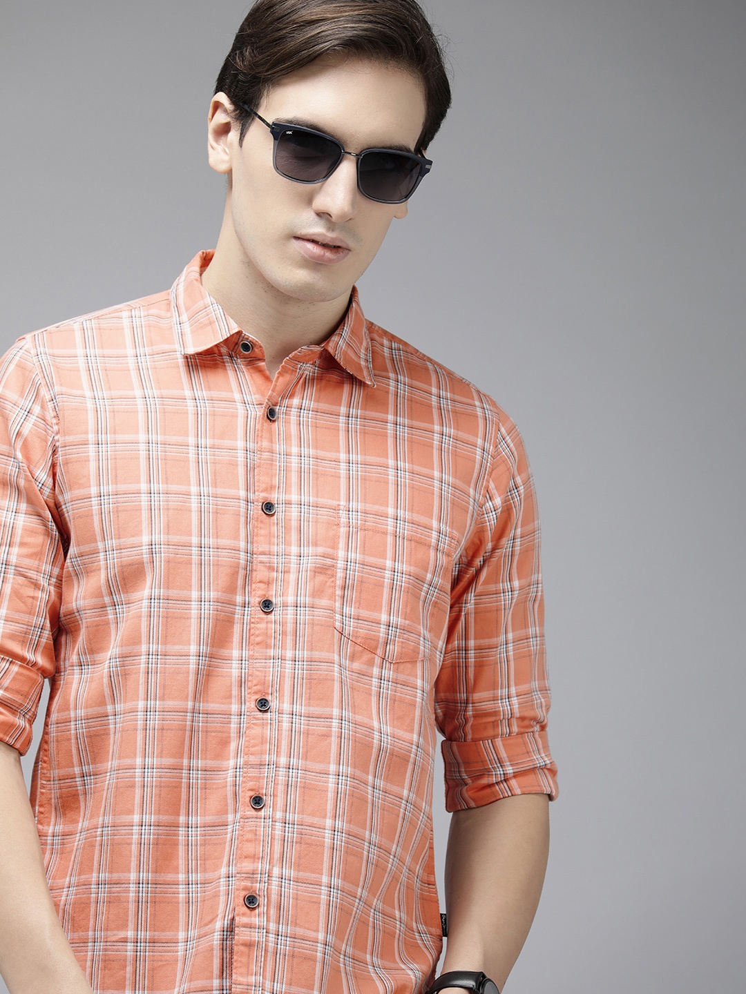 

Pepe Jeans Men Pure Cotton Tartan Checked Casual Shirt, Coral