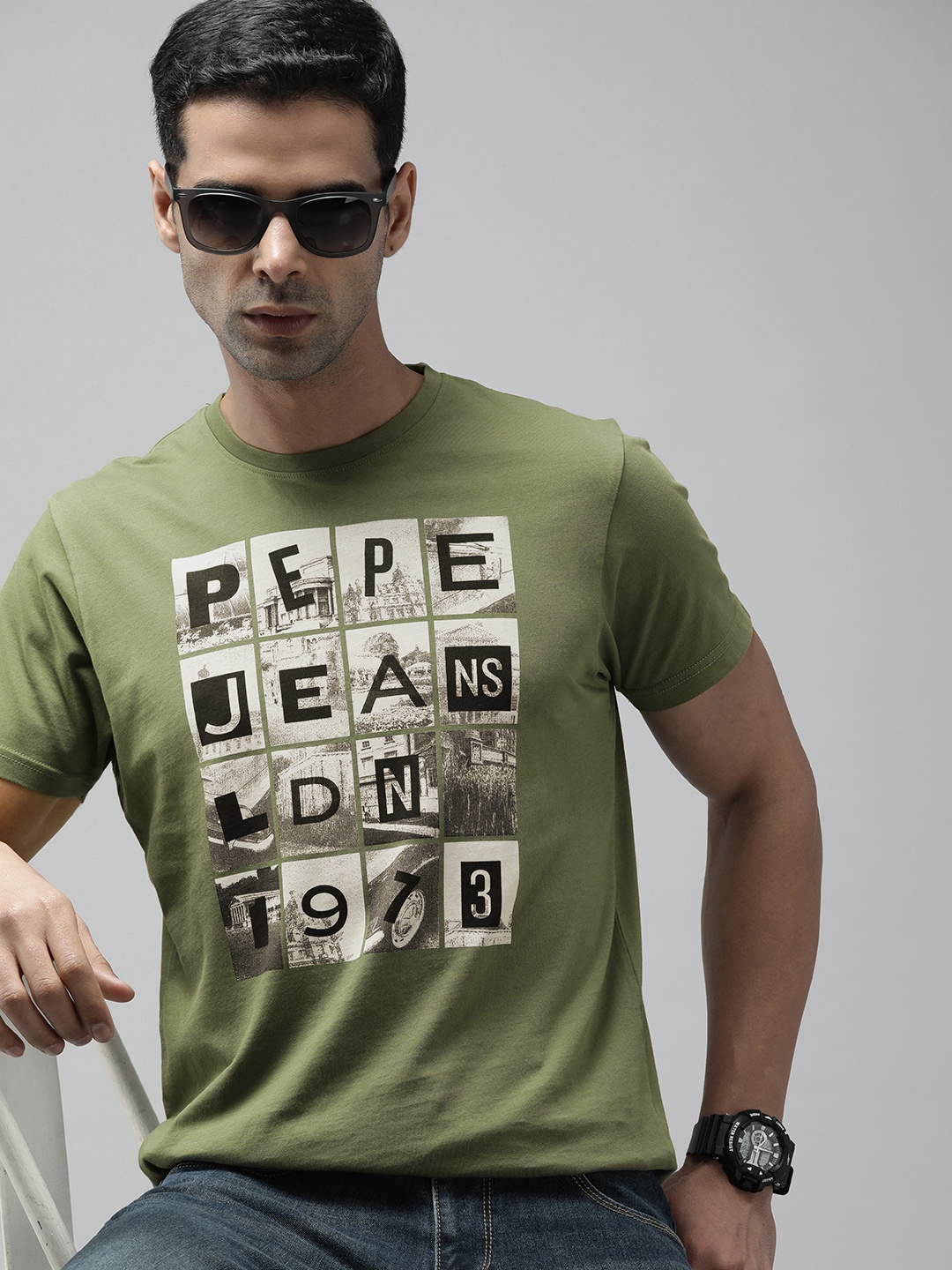 

Pepe Jeans Men Graphic Printed Pure Cotton T-shirt, Olive