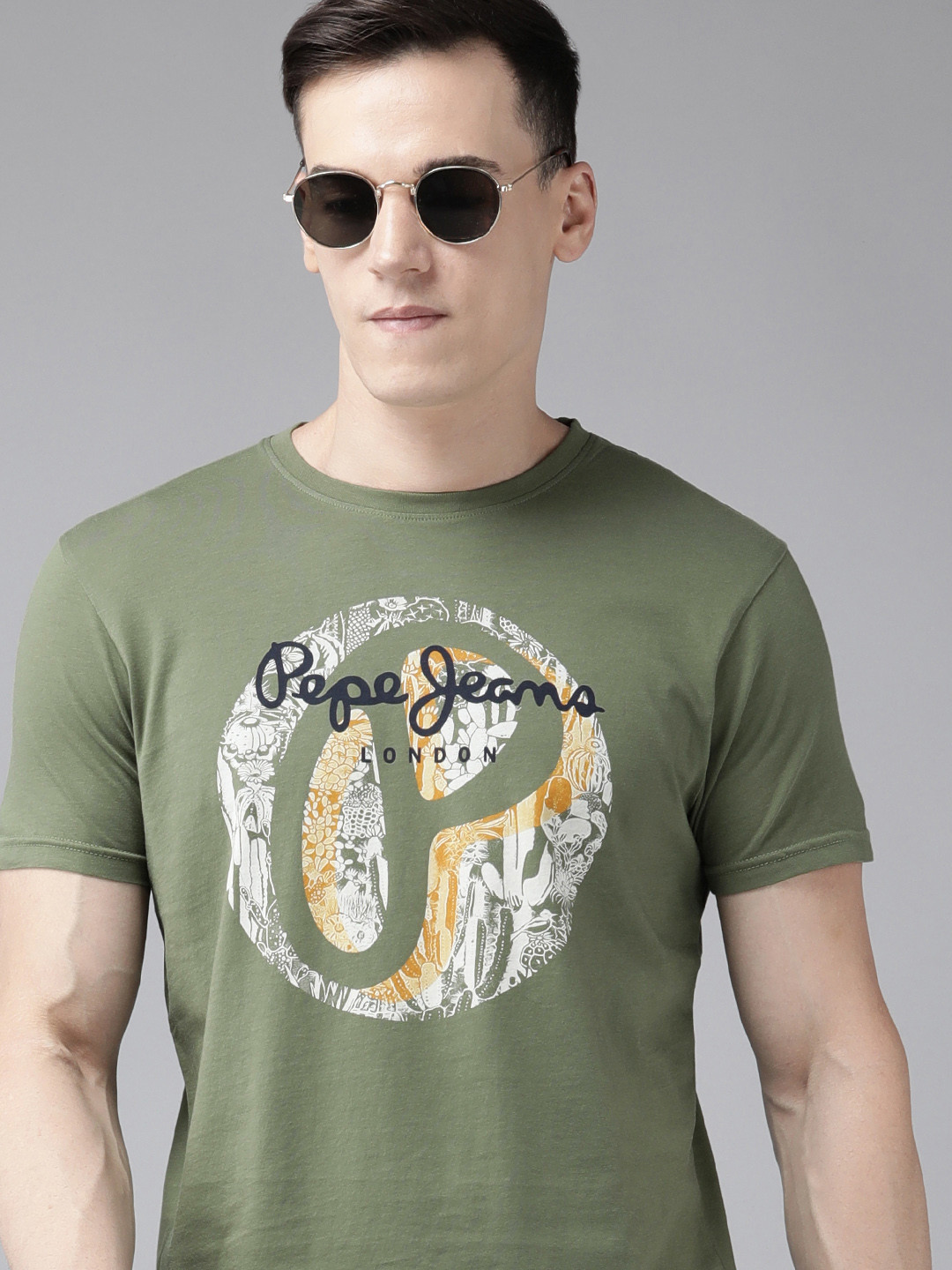 

Pepe Jeans Round Neck Printed Pure Cotton Slim Fit T-shirt, Olive