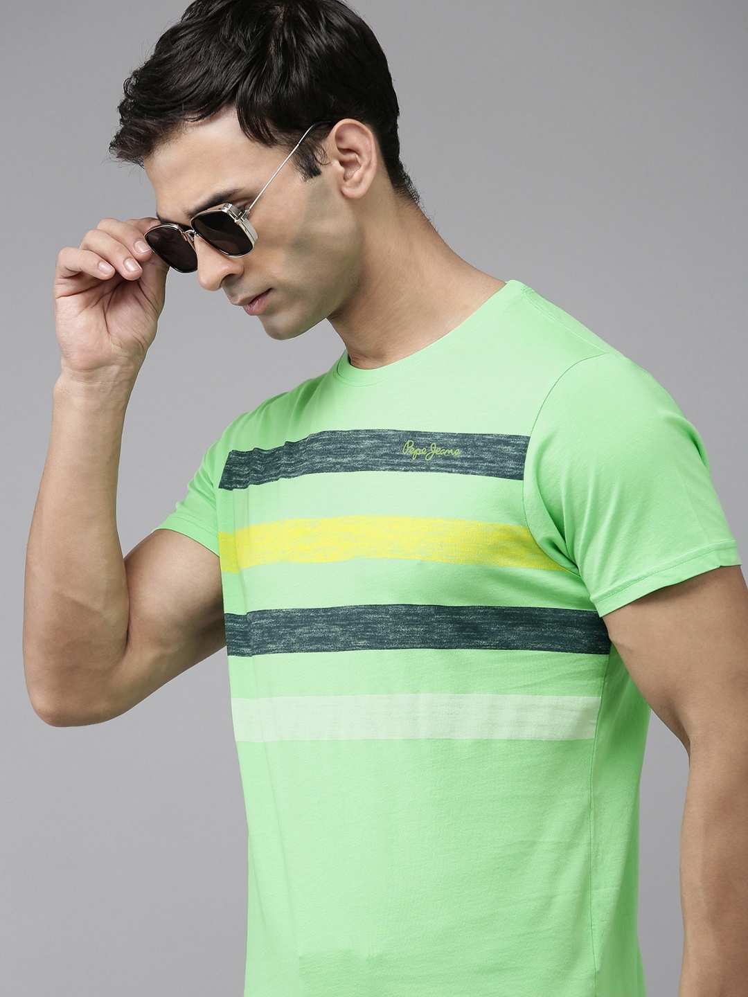 

Pepe Jeans Round Neck Striped Pure Cotton Slim Fit T-shirt, Green