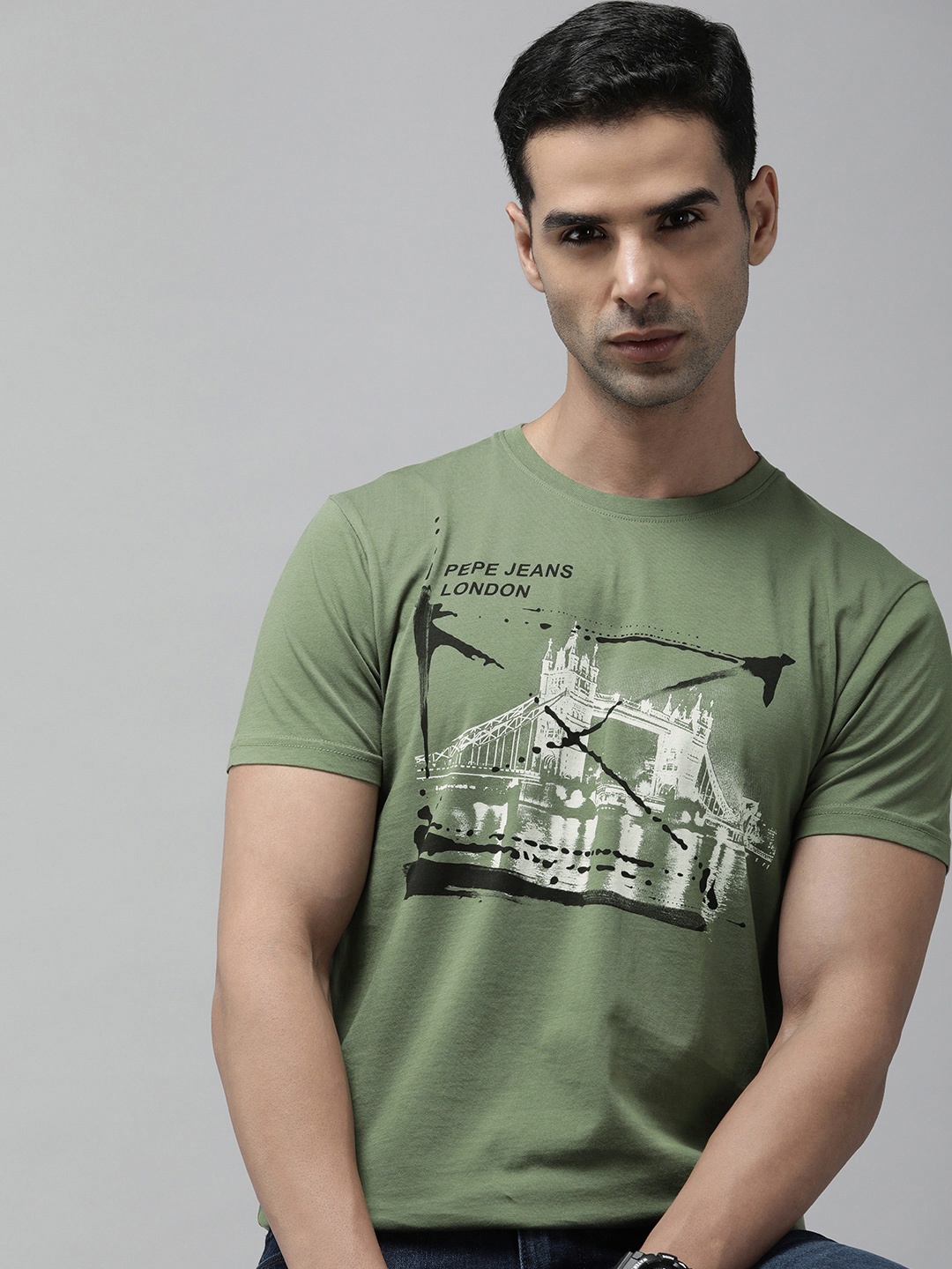 

Pepe Jeans Graphic Printed Pure Cotton Slim Fit T-shirt, Olive
