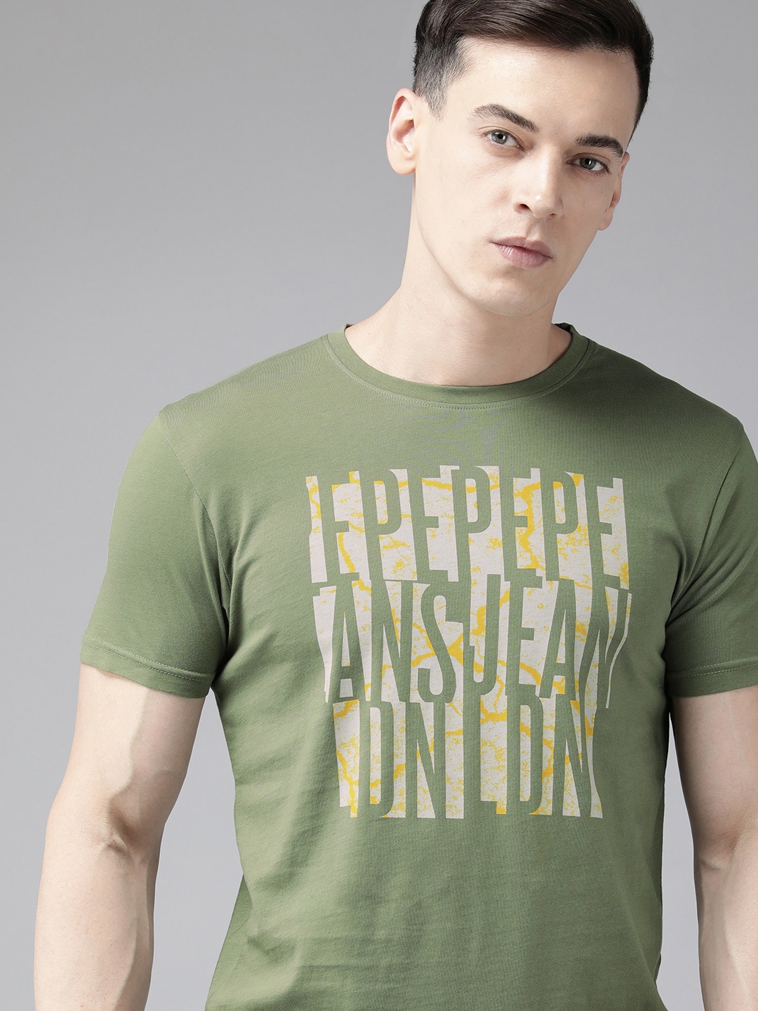 

Pepe Jeans Men Brand Logo Printed Pure Cotton Slim Fit T-shirt, Olive