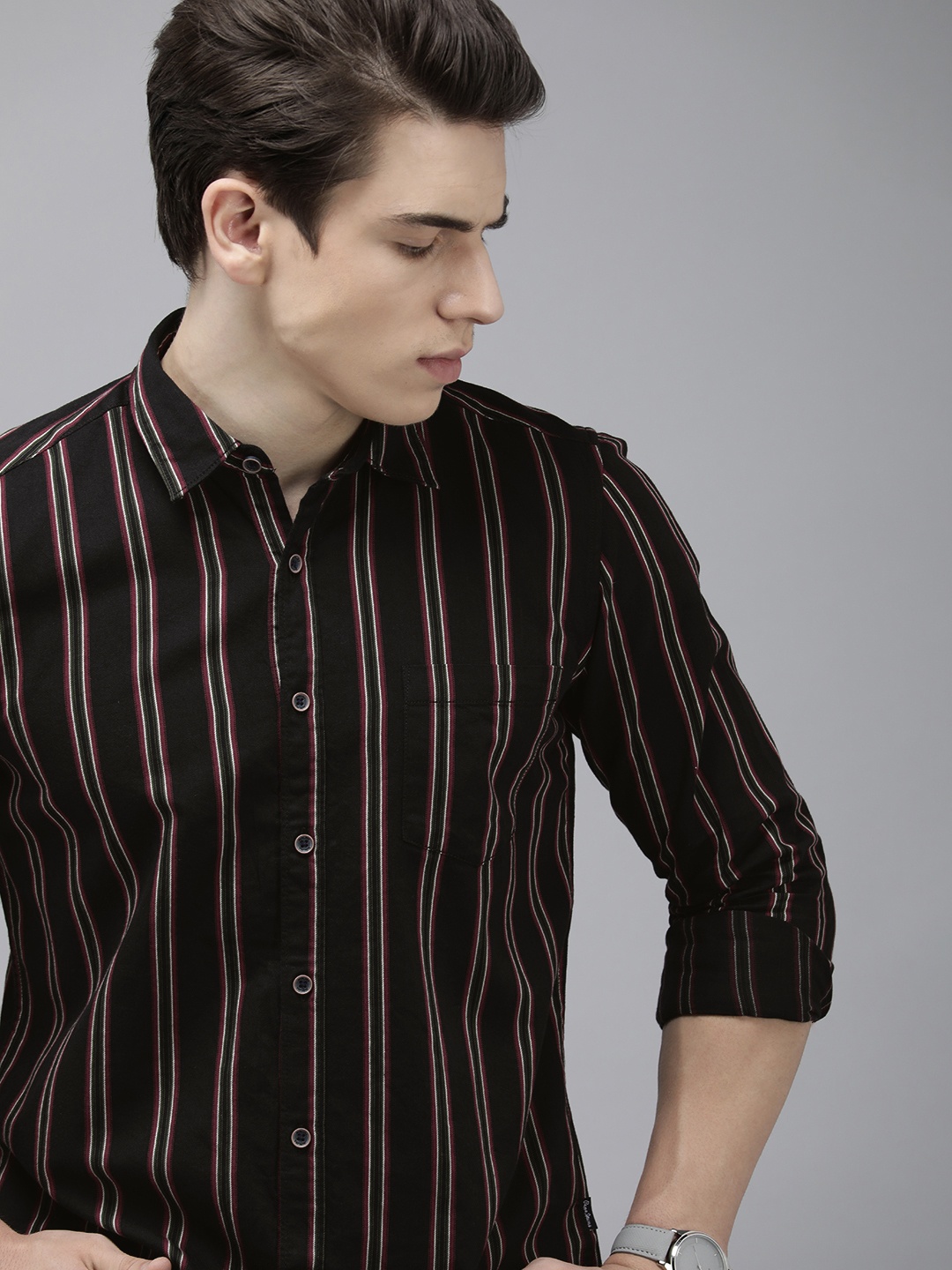 

Pepe Jeans Men Pure Cotton Striped Casual Shirt, Black