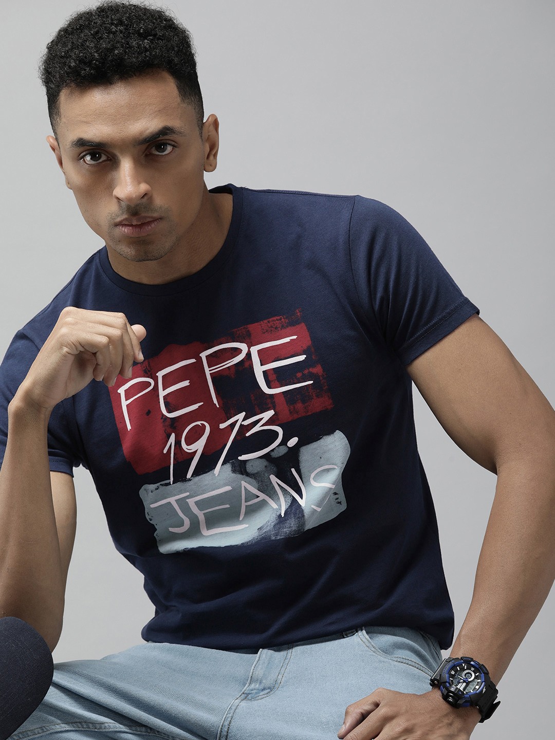 

Pepe Jeans Men Brand Logo Printed Pure Cotton T-shirt, Navy blue