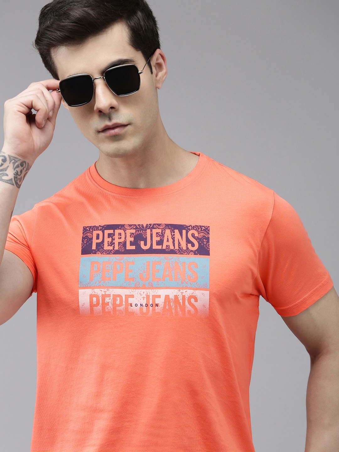 

Pepe Jeans Round Neck Typography Printed Pure Cotton Slim Fit T-shirt, Peach