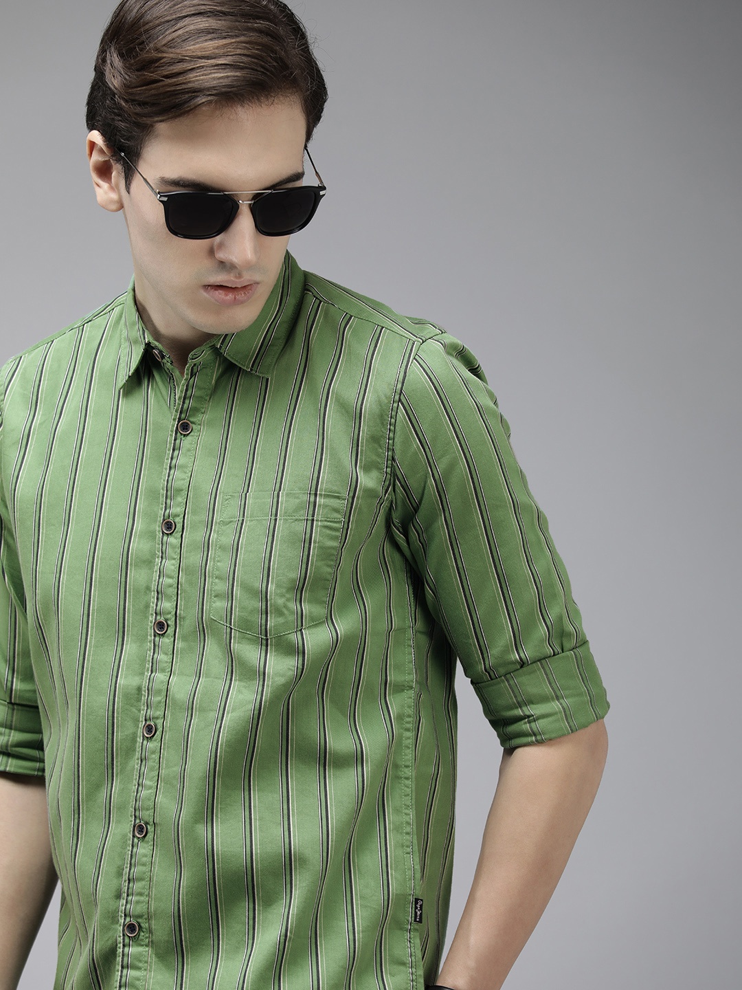

Pepe Jeans Men Pure Cotton Striped Casual Shirt, Green