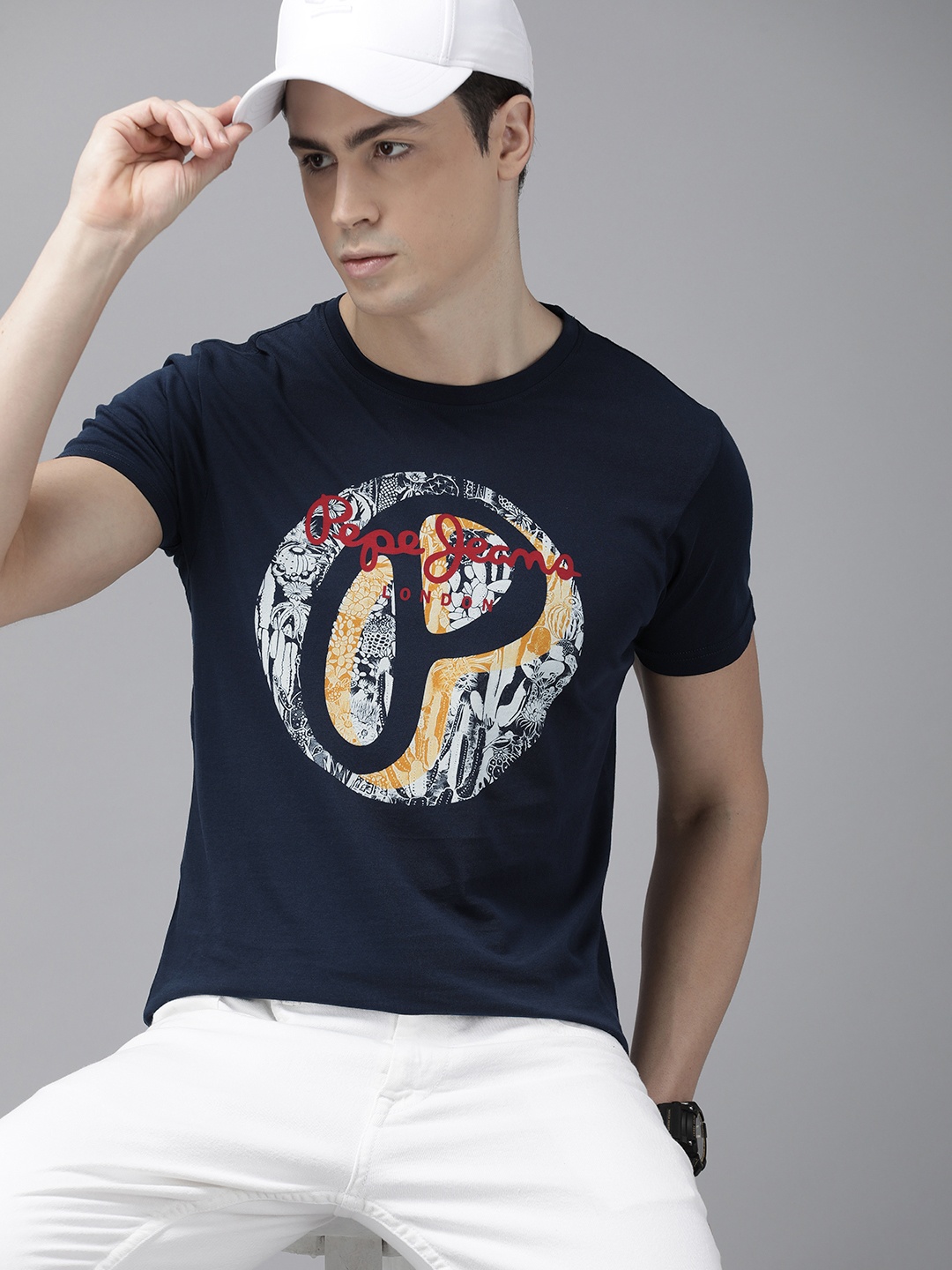 

Pepe Jeans Men Navy Blue & Mustard Yellow Brand Logo Printed Pure Cotton Slim Fit T-shirt