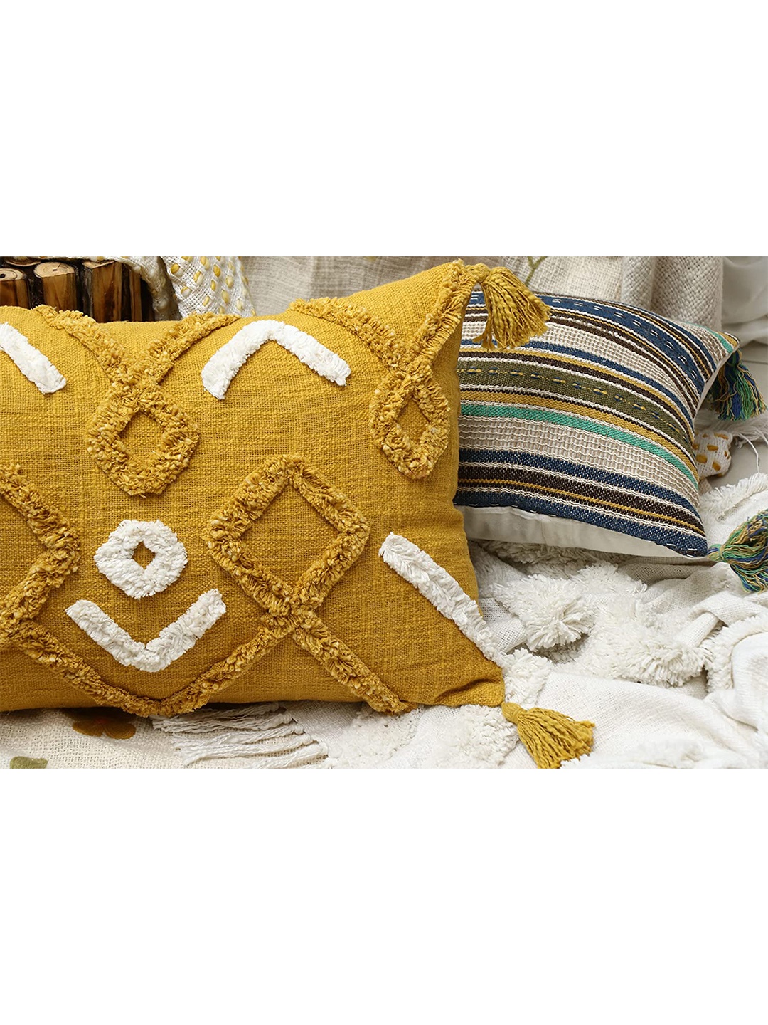 

HERE&NOW Mustard & White Self Design Rectangle Cotton Cushion Cover