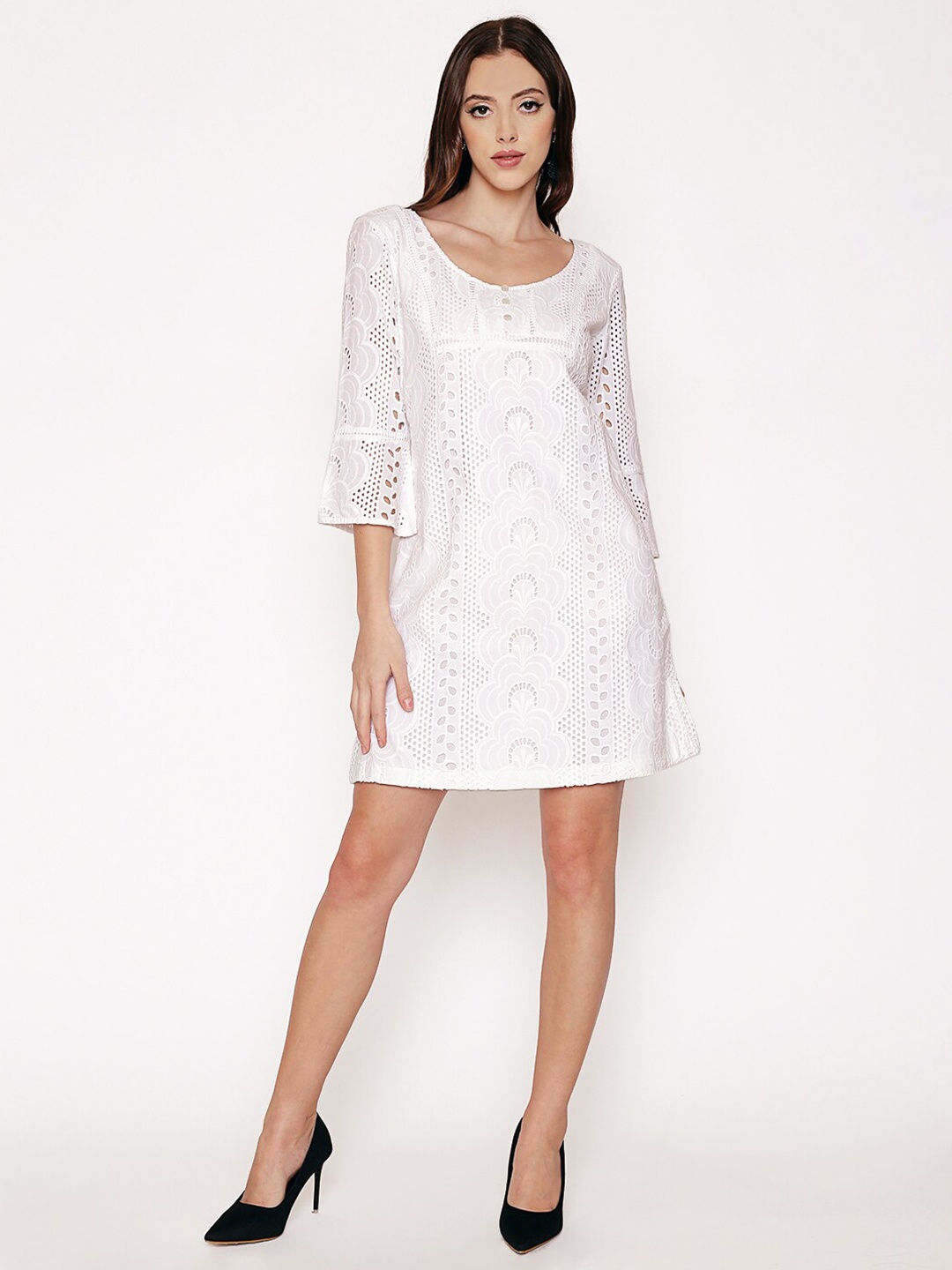 

250 DESIGNS Self Design Schiffli A-Line Dress, White