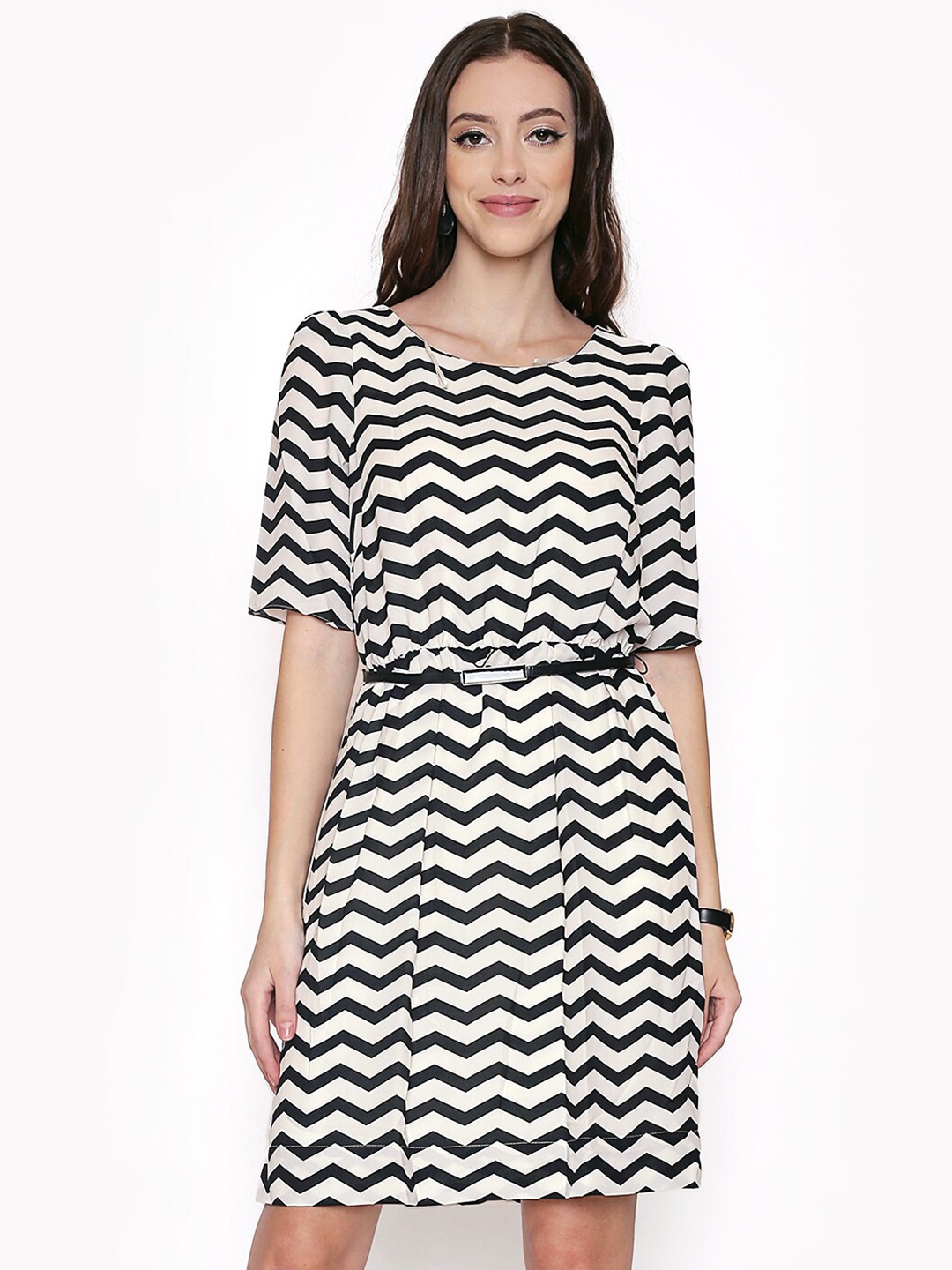 

250 DESIGNS Printed Georgette Dress with Belt, White