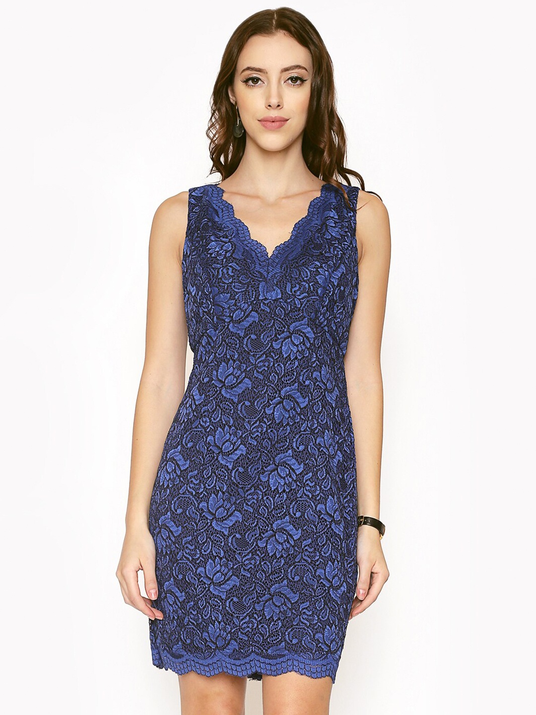 

250 DESIGNS Floral Embroidered Lace Sheath Dress, Blue