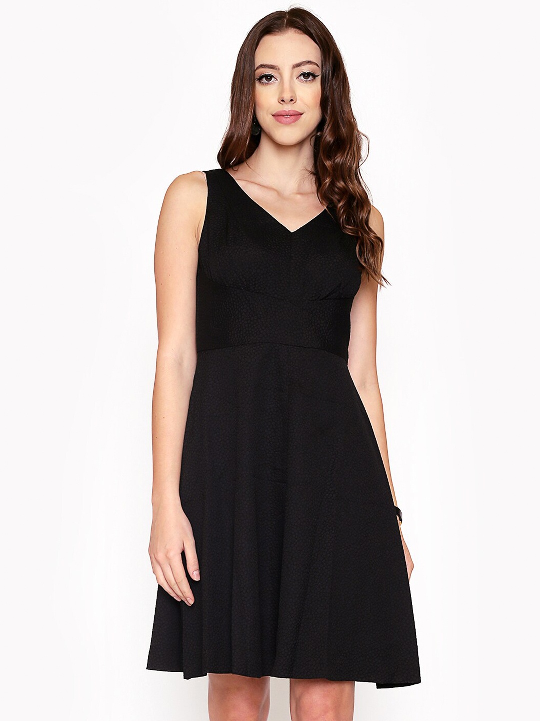 

250 DESIGNS Georgette V-Neck Fit & Flare Dress, Black