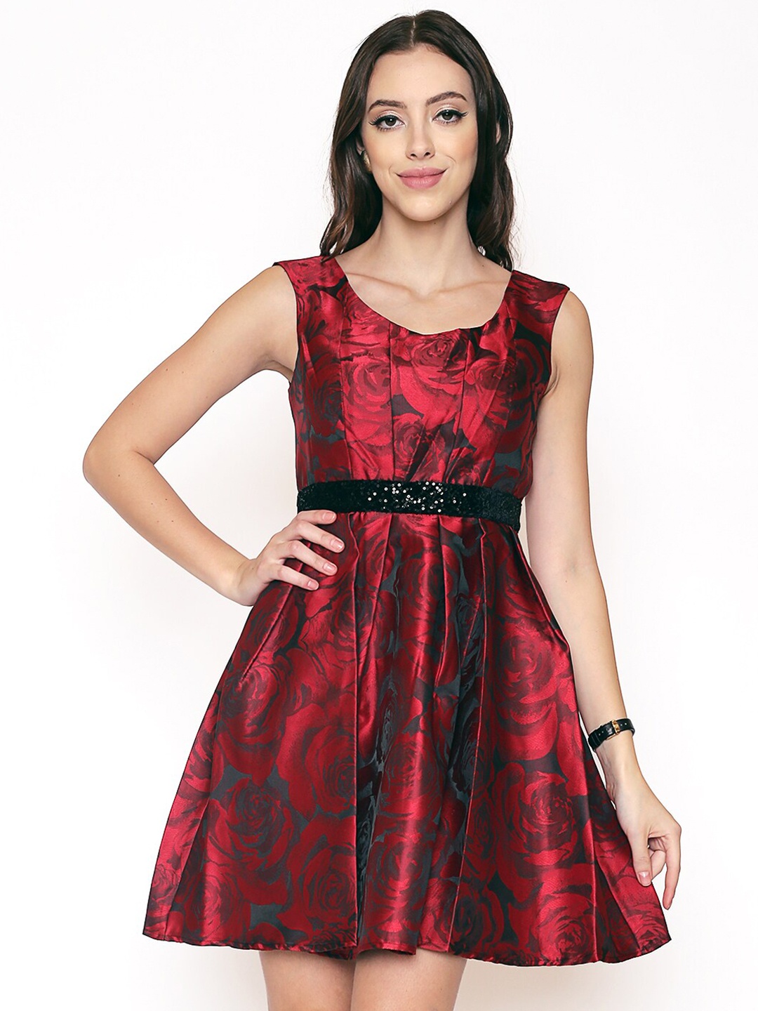 

250 DESIGNS Floral Printed Satin Dress, Red