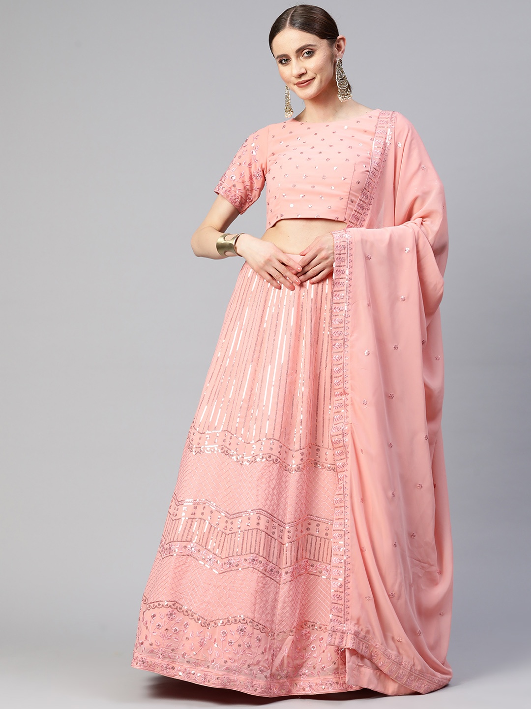 

SHUBHVASTRA Embellished Sequinned Semi-Stitched Lehenga & Unstitched Blouse With Dupatta, Pink