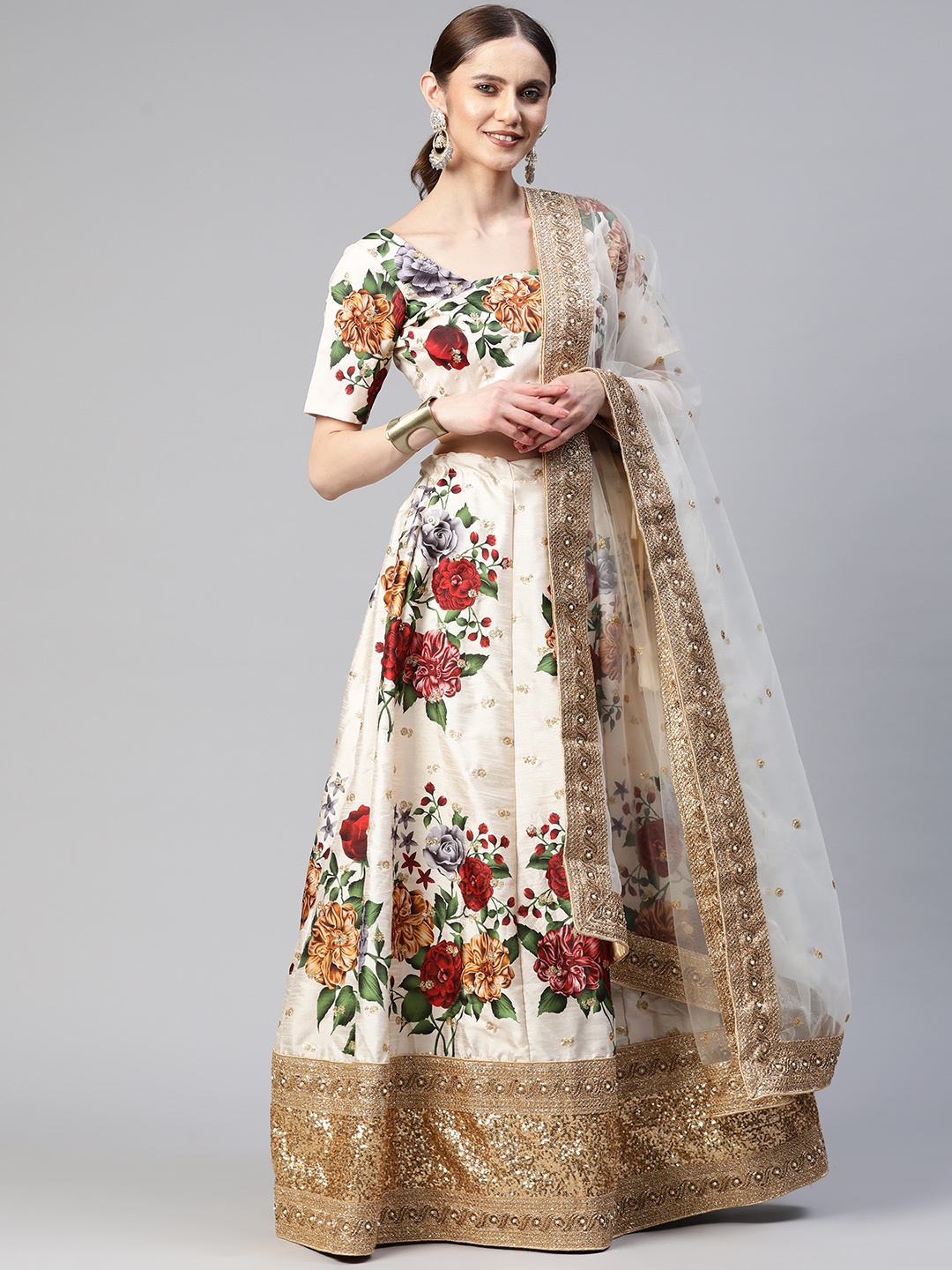 

SHUBHVASTRA Printed Sequinned Semi-Stitched Lehenga & Unstitched Blouse With Dupatta, Off white