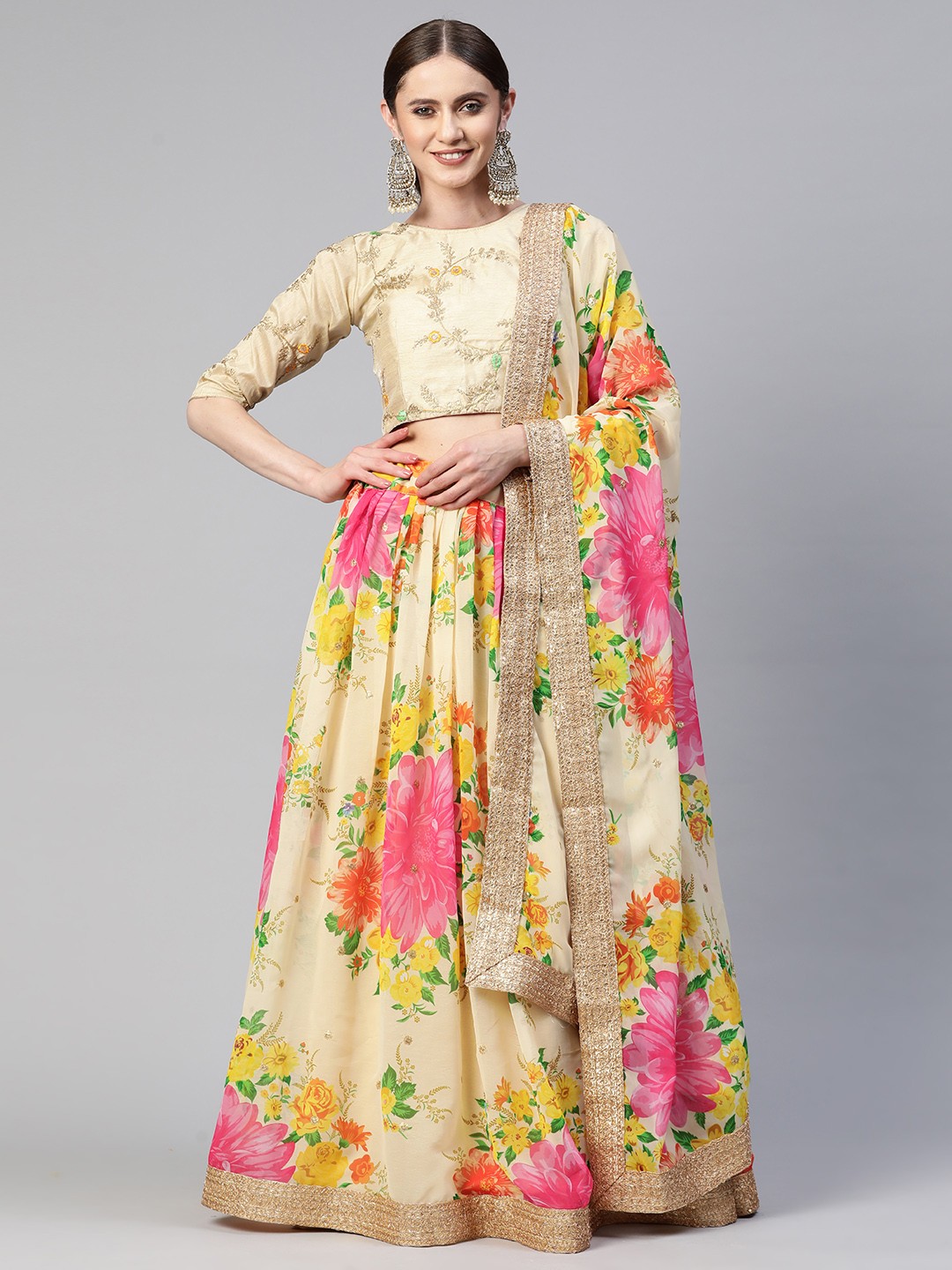 

SHUBHVASTRA Embroidered Sequinned Semi-Stitched Lehenga & Unstitched Blouse With Dupatta, Cream