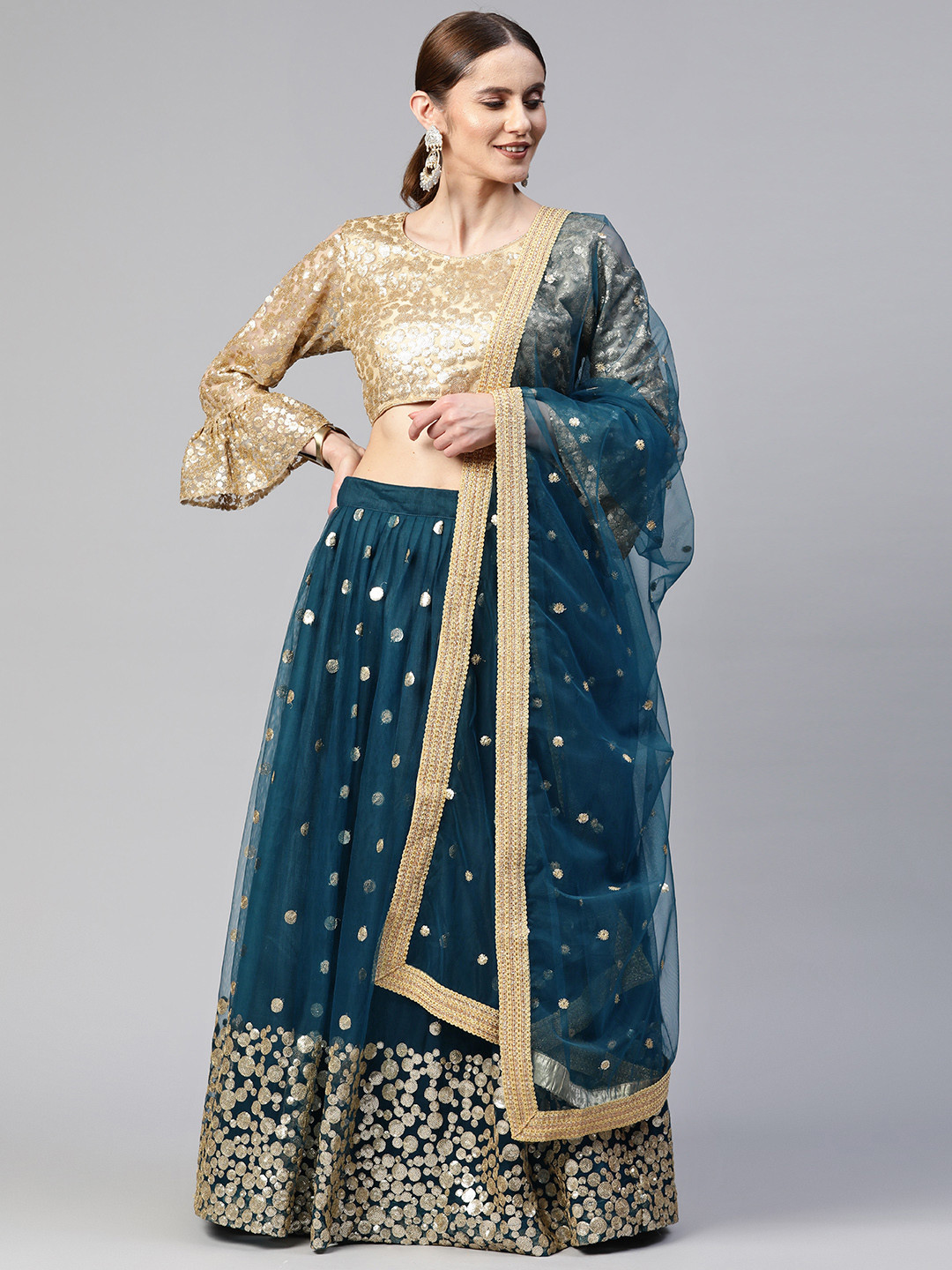 

SHUBHVASTRA Embellished Sequinned Semi-Stitched Lehenga & Unstitched Blouse With Dupatta, Teal