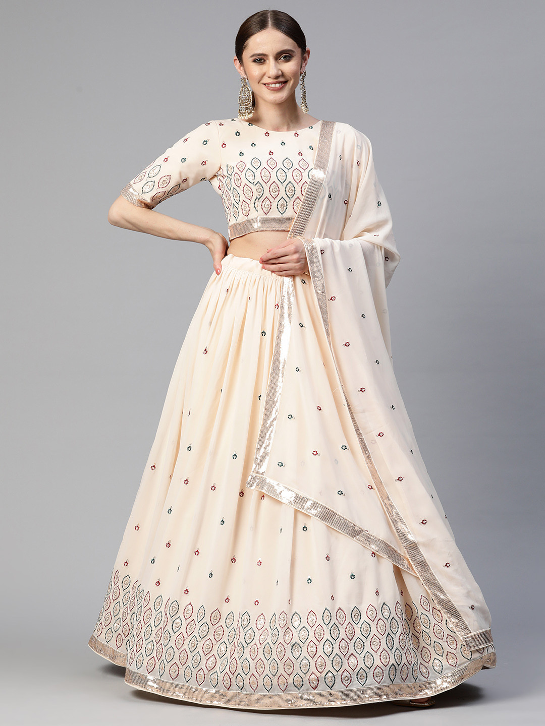 

SHUBHVASTRA Embroidered Sequinned Semi-Stitched Lehenga & Unstitched Blouse With Dupatta, Cream