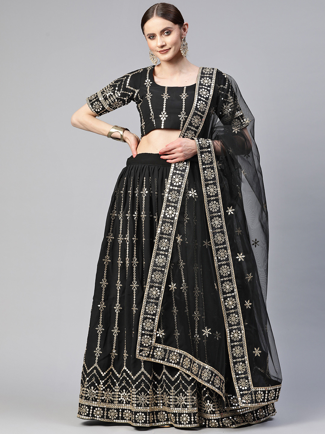 

SHUBHVASTRA Embellished Sequinned Semi-Stitched Lehenga & Unstitched Blouse With Dupatta, Black