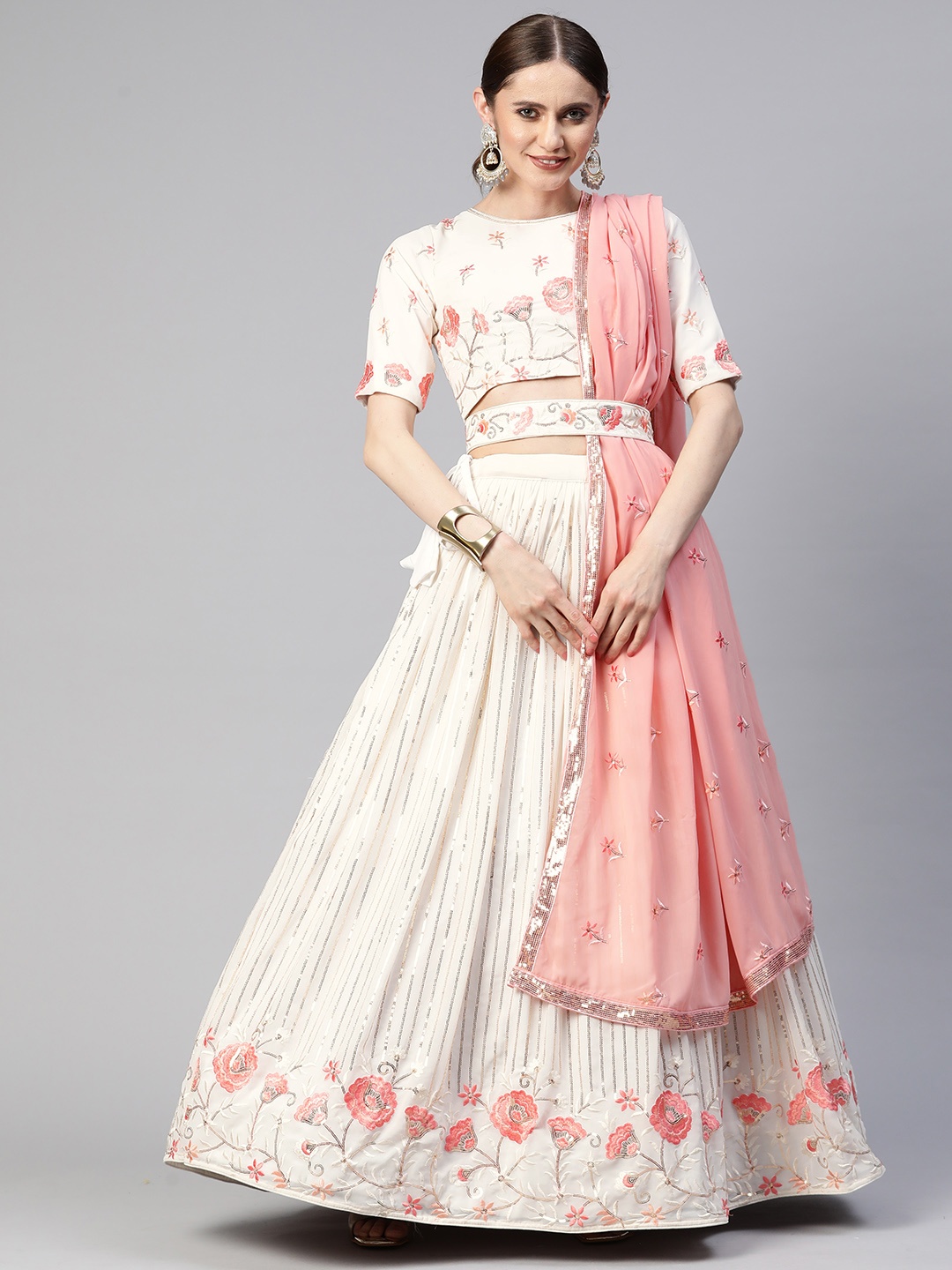 

SHUBHVASTRA Embroidered Semi-Stitched Lehenga & Unstitched Blouse With Dupatta, White