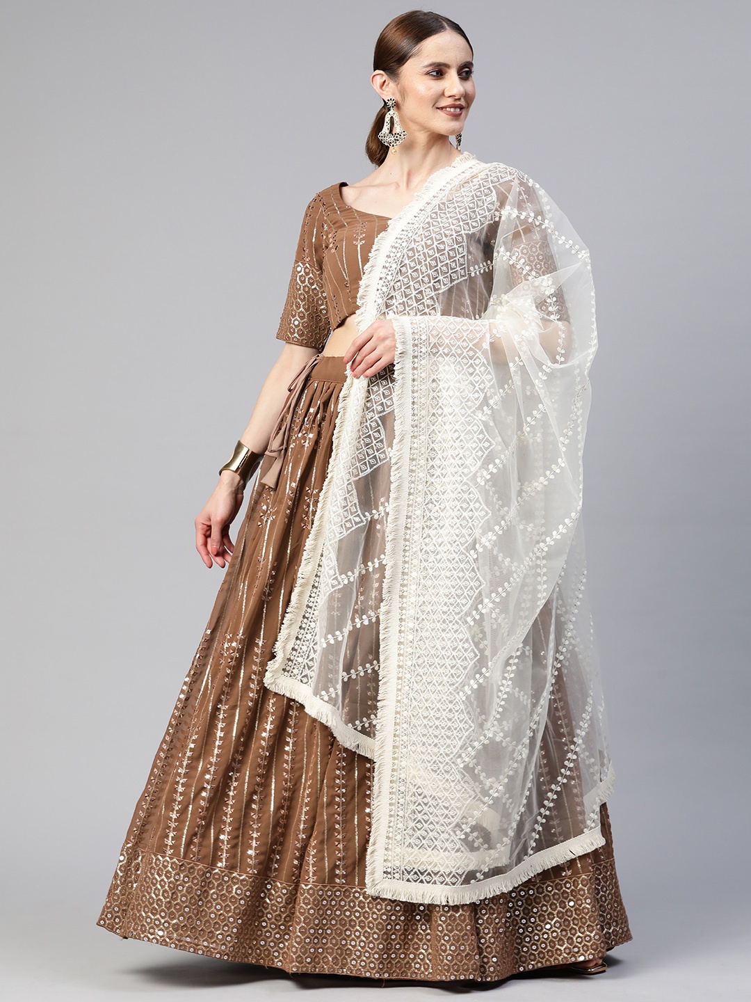 

SHUBHVASTRA Embellished Semi-Stitched Lehenga & Unstitched Blouse With Dupatta, Brown
