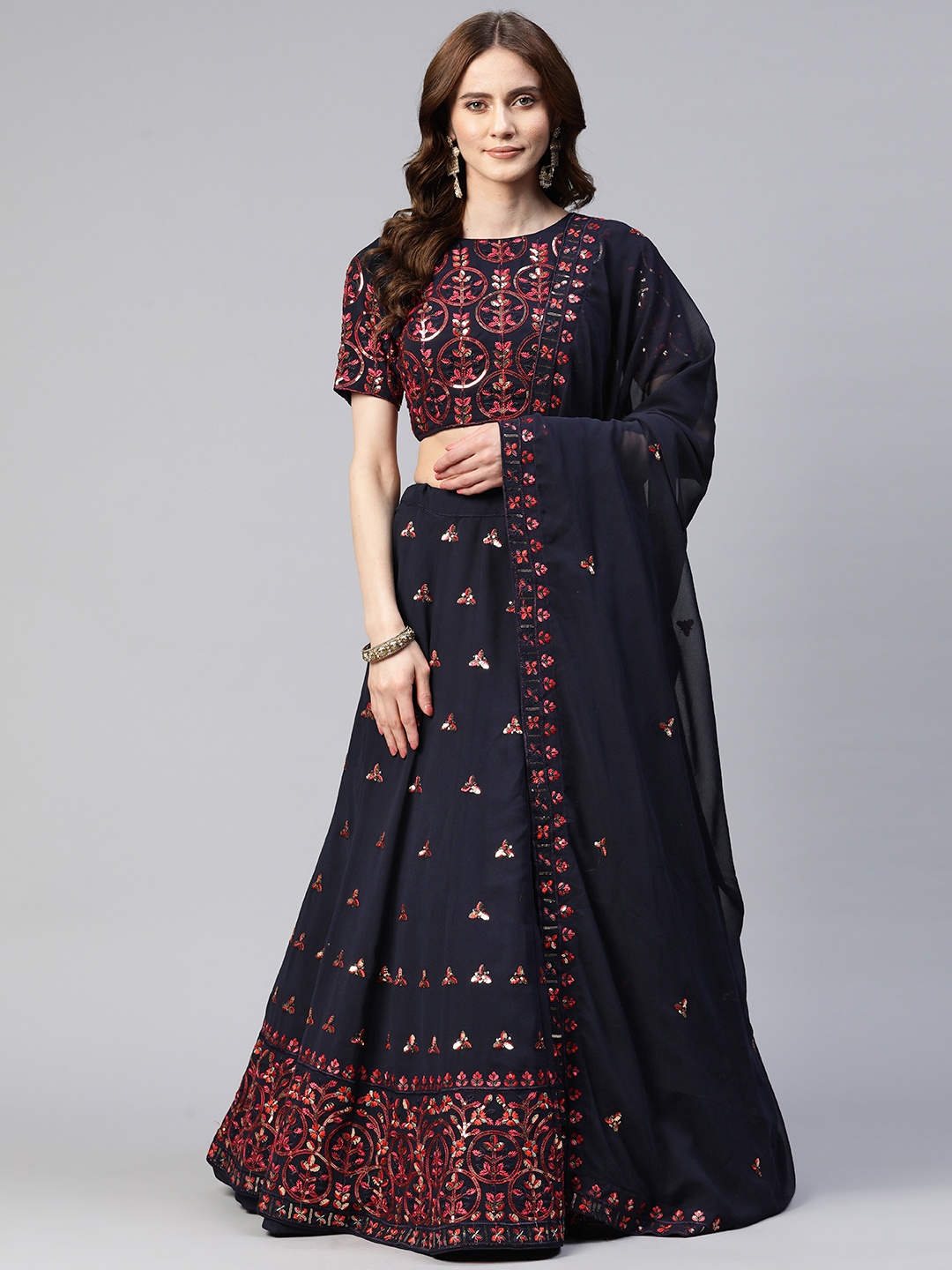 

SHUBHVASTRA Embroidered Semi-Stitched Lehenga & Unstitched Blouse With Dupatta, Navy blue