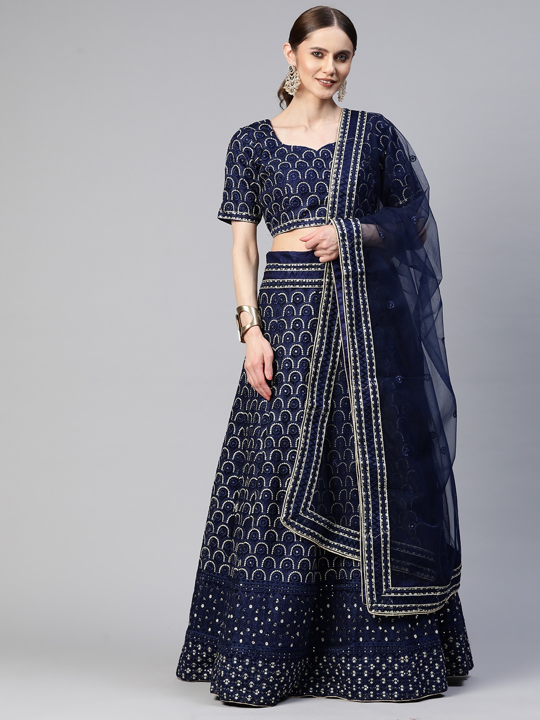 

SHUBHVASTRA Embroidered Semi-Stitched Lehenga & Unstitched Blouse With Dupatta, Navy blue