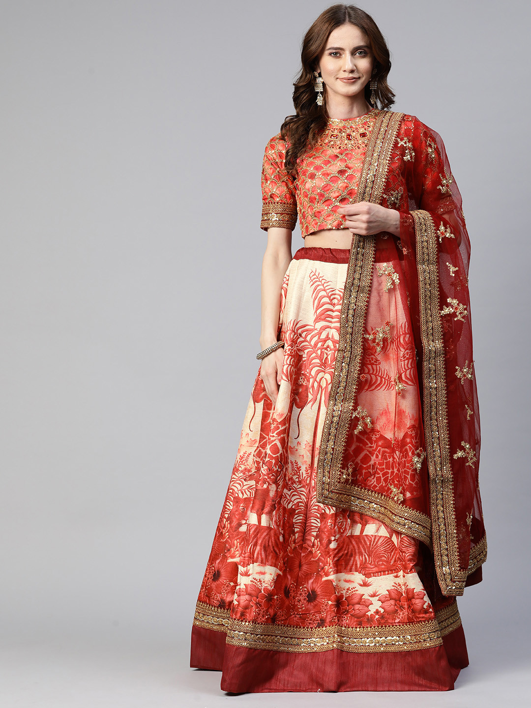 

SHUBHVASTRA Embroidered Semi-Stitched Lehenga & Unstitched Blouse With Dupatta, Red