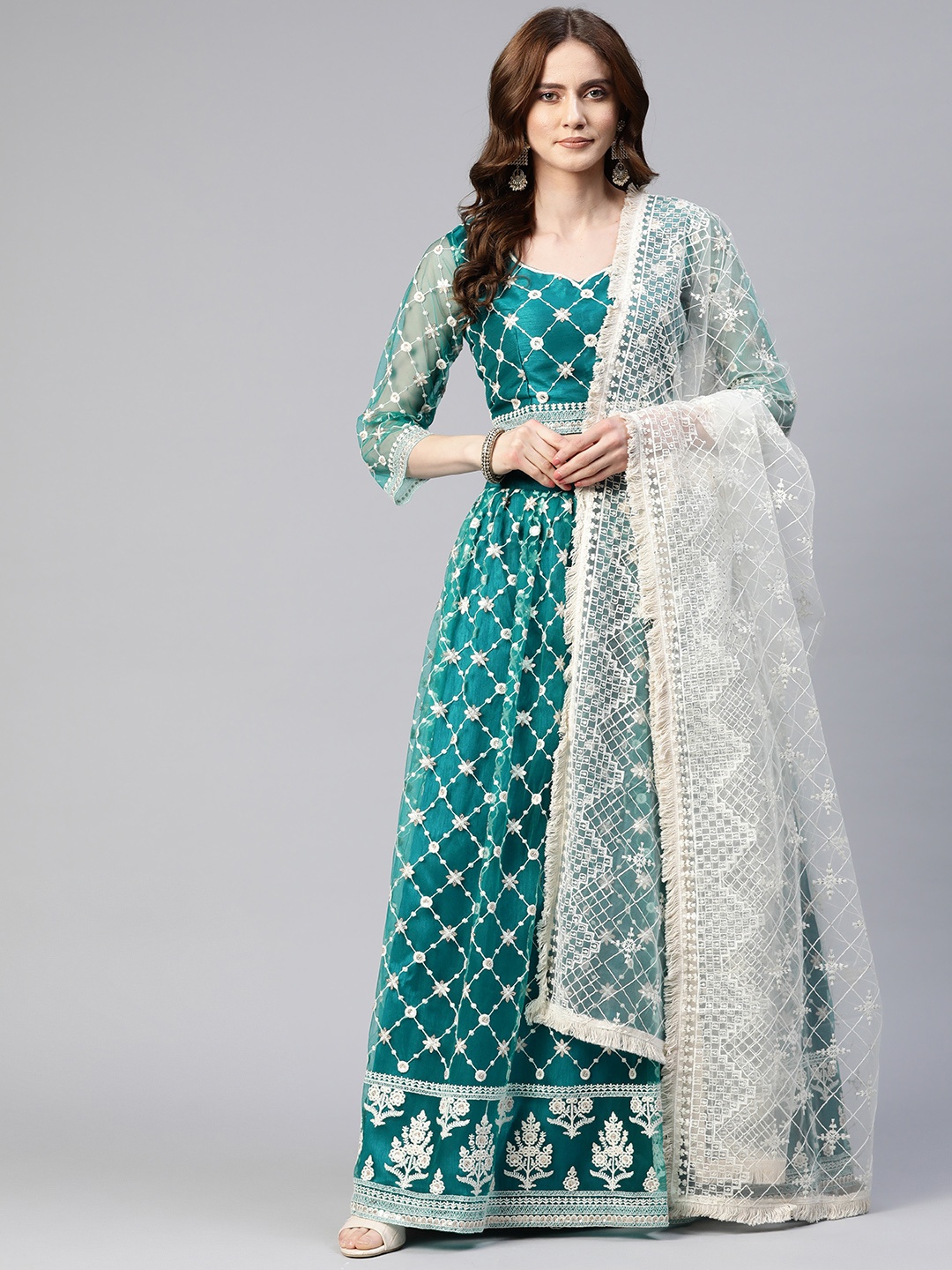 

SHUBHVASTRA Embroidered Semi-Stitched Lehenga & Unstitched Blouse With Dupatta, Teal