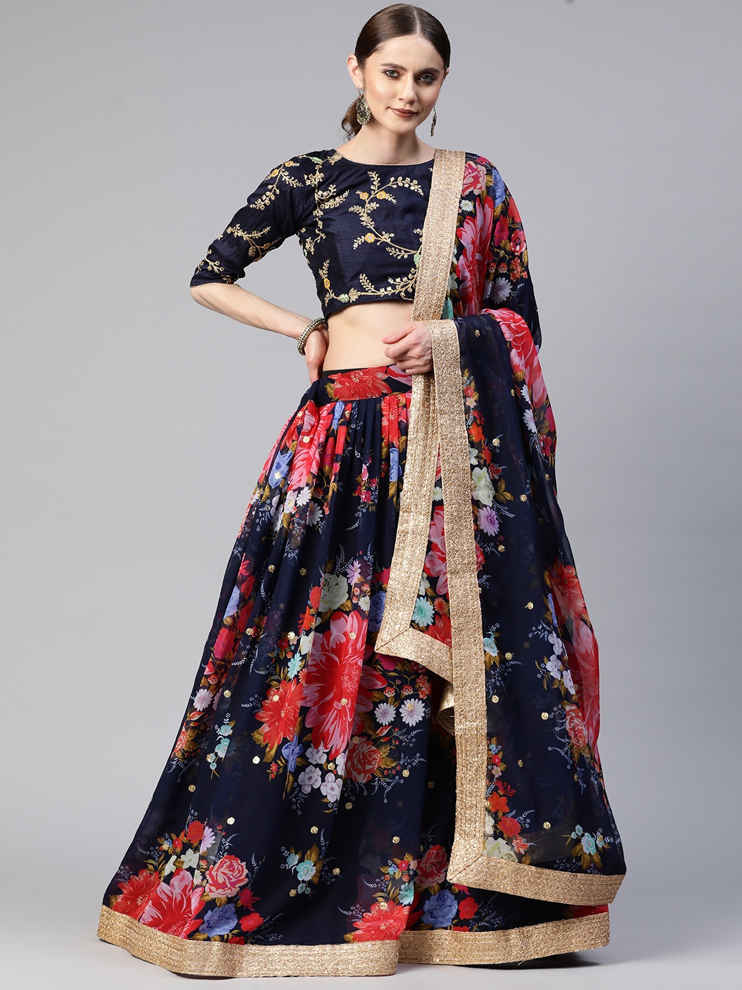 

SHUBHVASTRA Embroidered Semi-Stitched Lehenga & Unstitched Blouse With Dupatta, Navy blue