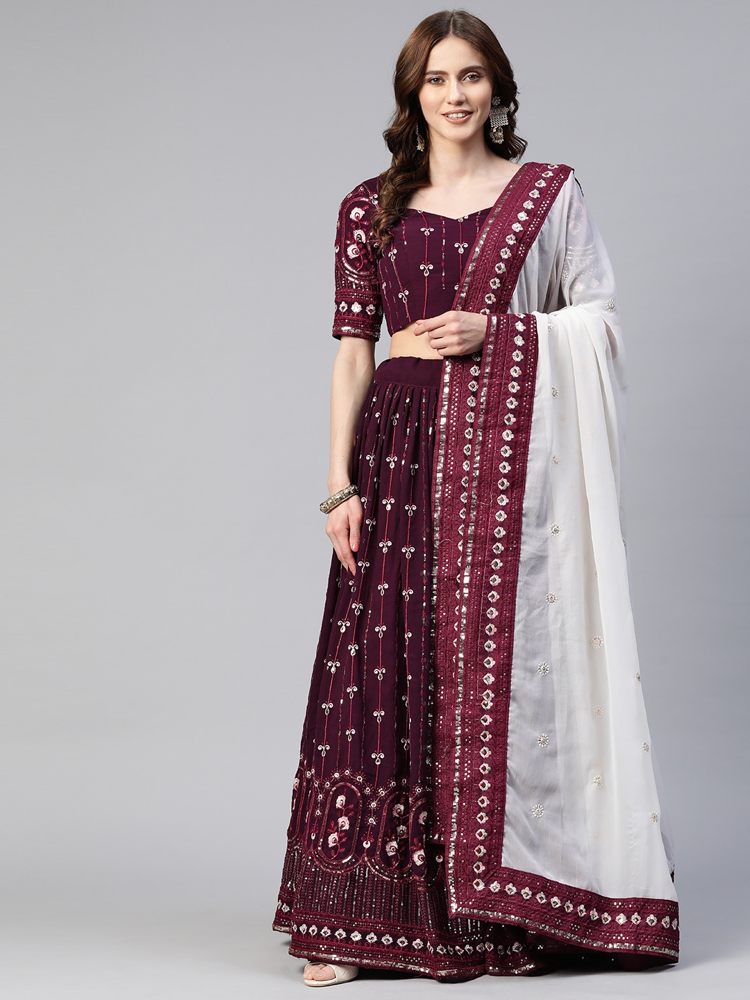 

SHUBHVASTRA Embroidered Semi-Stitched Lehenga & Unstitched Blouse With Dupatta, Purple