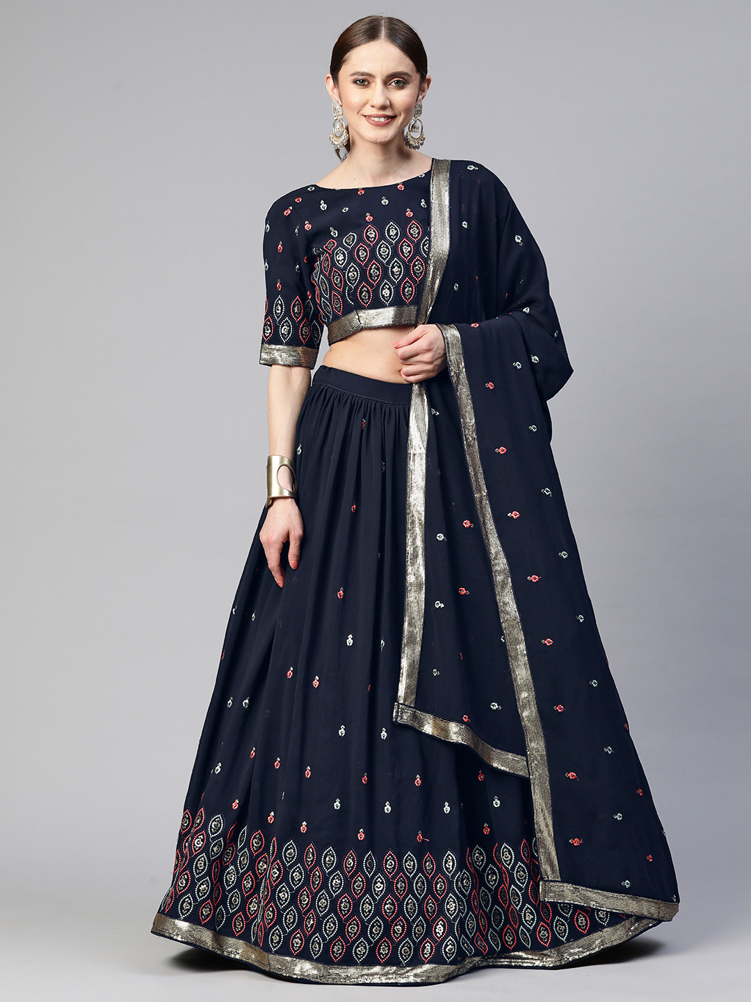 

SHUBHVASTRA Embroidered Semi-Stitched Lehenga & Unstitched Blouse With Dupatta, Navy blue