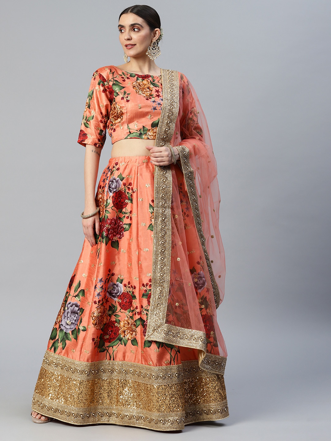 

SHUBHVASTRA Embroidered Semi-Stitched Lehenga & Unstitched Blouse With Dupatta, Orange