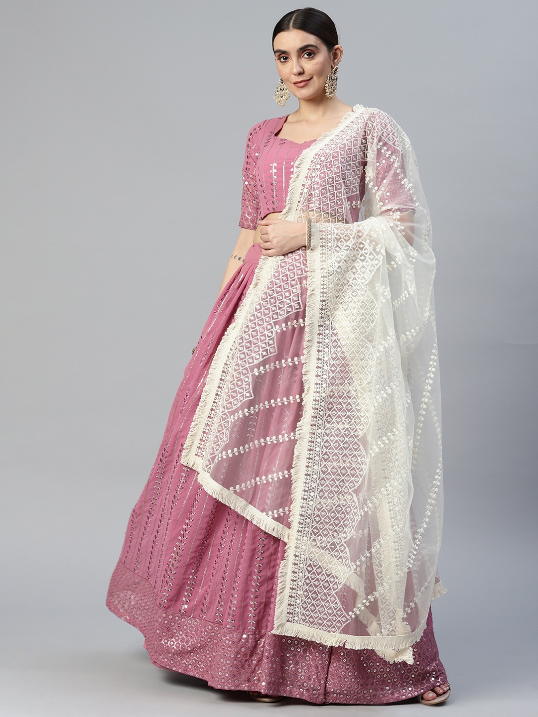

SHUBHVASTRA Embroidered Semi-Stitched Lehenga & Unstitched Blouse With Dupatta, Mauve