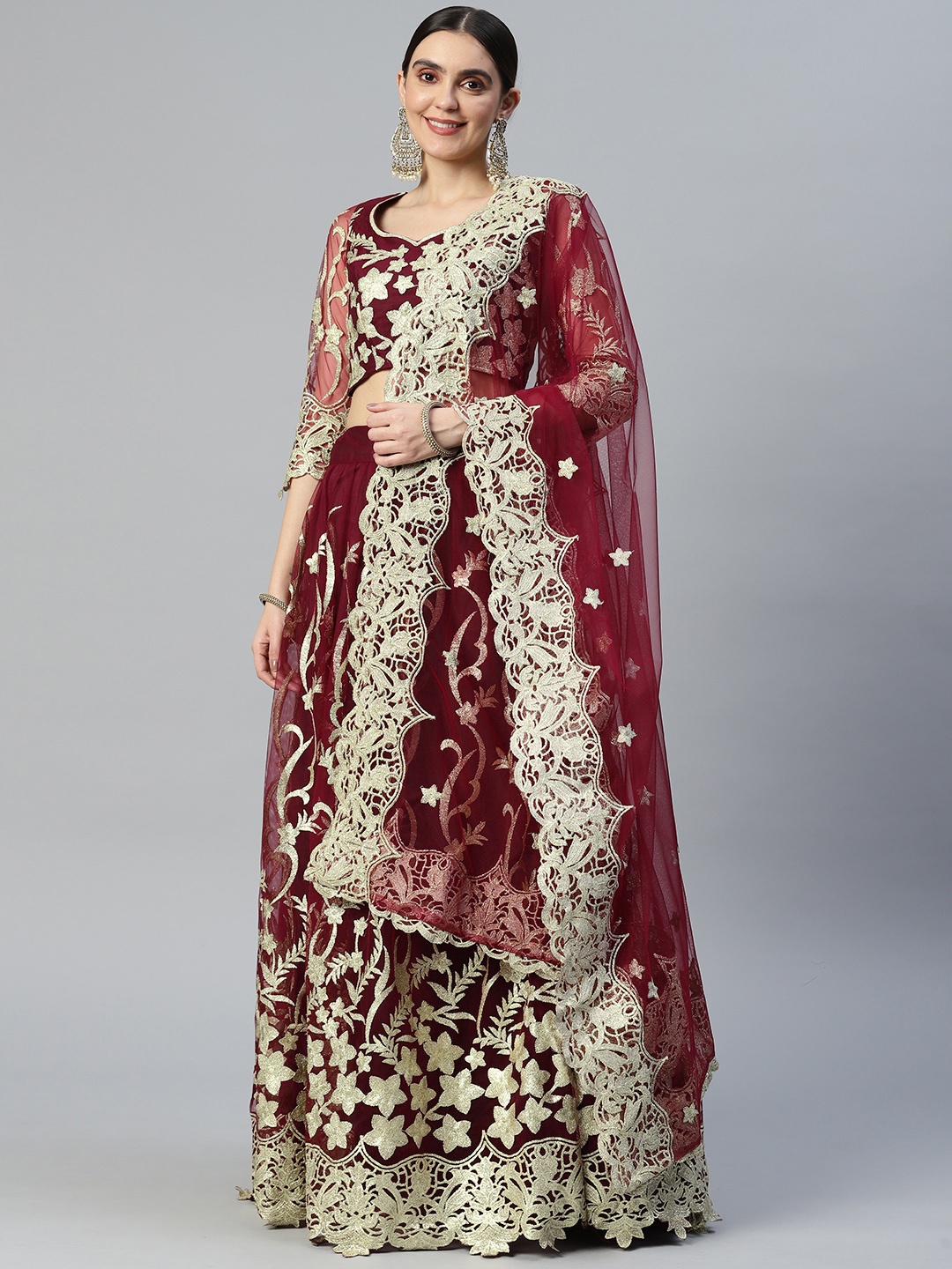 

SHUBHVASTRA Embroidered Semi-Stitched Lehenga & Unstitched Blouse With Dupatta, Maroon