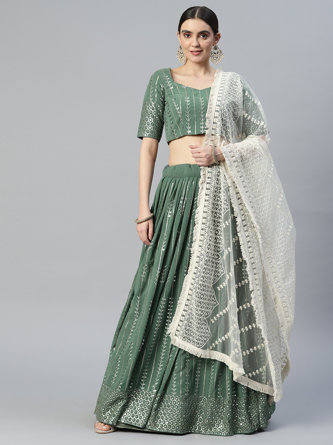 

SHUBHVASTRA Embroidered Semi-Stitched Lehenga & Unstitched Blouse With Dupatta, Green