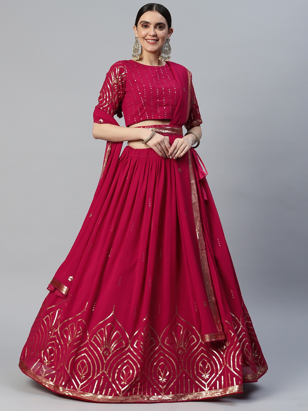 

SHUBHVASTRA Embellished Semi-Stitched Lehenga & Unstitched Blouse With Dupatta, Red