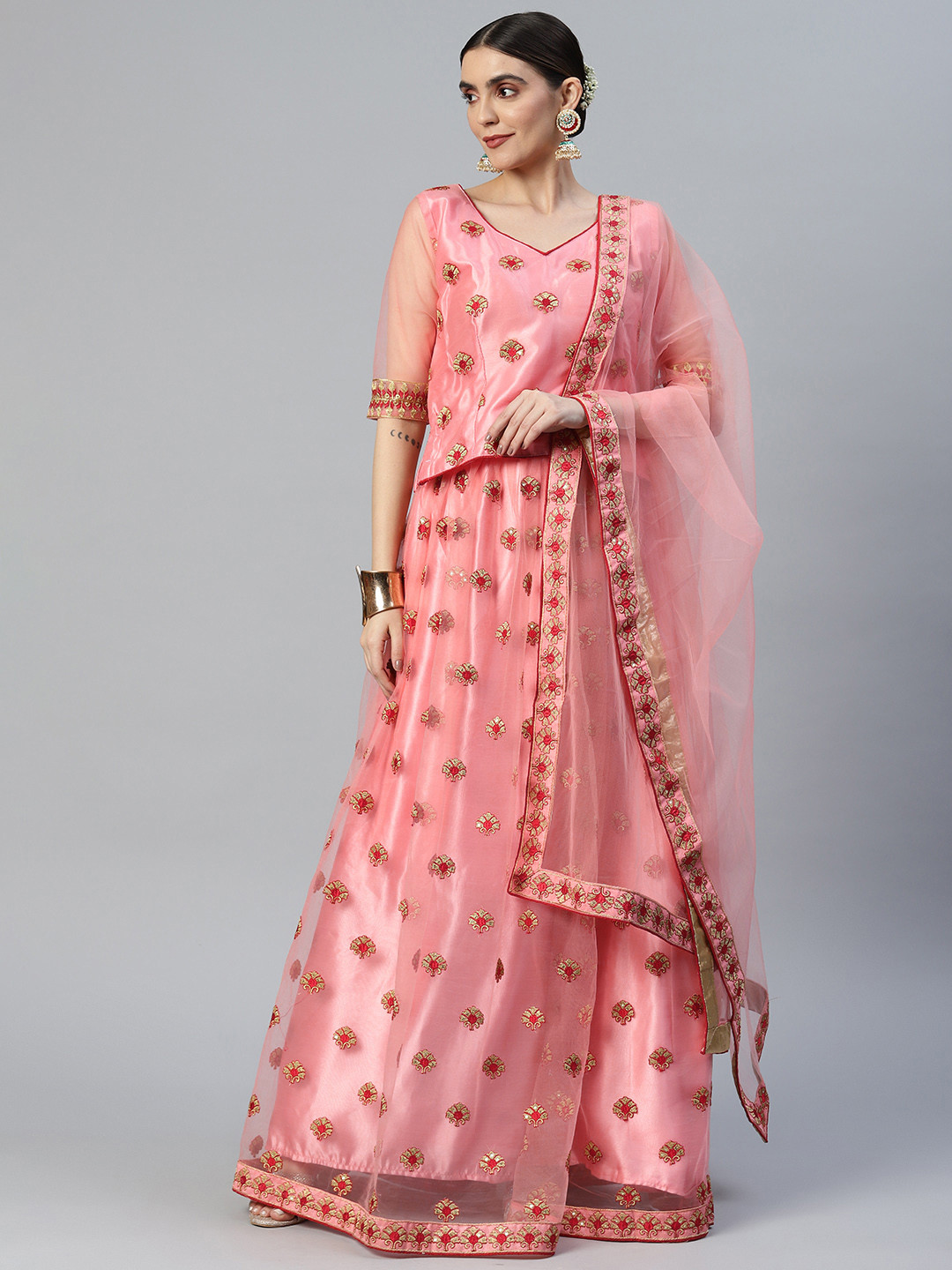 

SHUBHVASTRA Embroidered Semi-Stitched Lehenga & Unstitched Blouse With Dupatta, Peach
