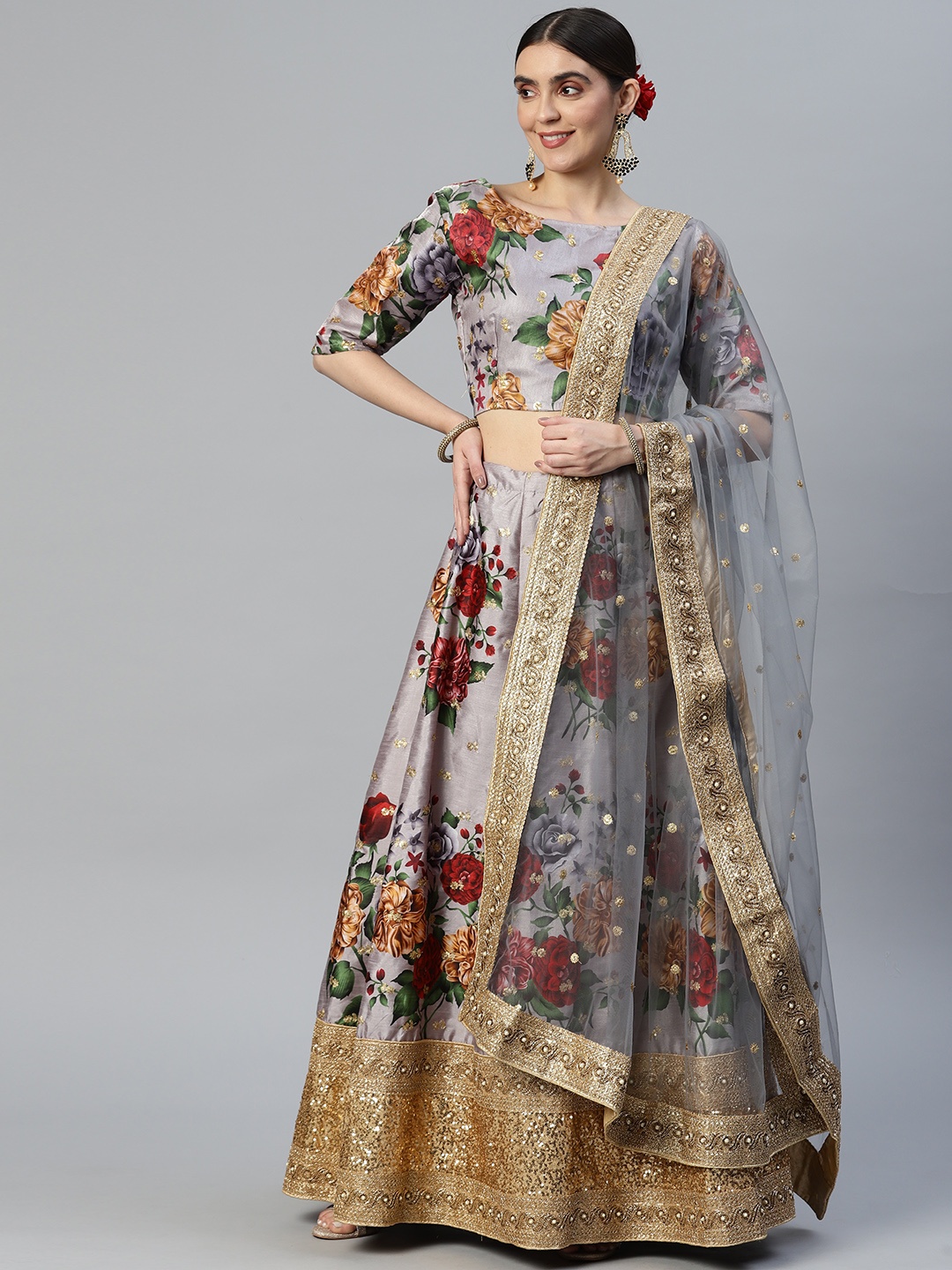 

SHUBHVASTRA Embroidered Semi-Stitched Lehenga & Unstitched Blouse With Dupatta, Grey