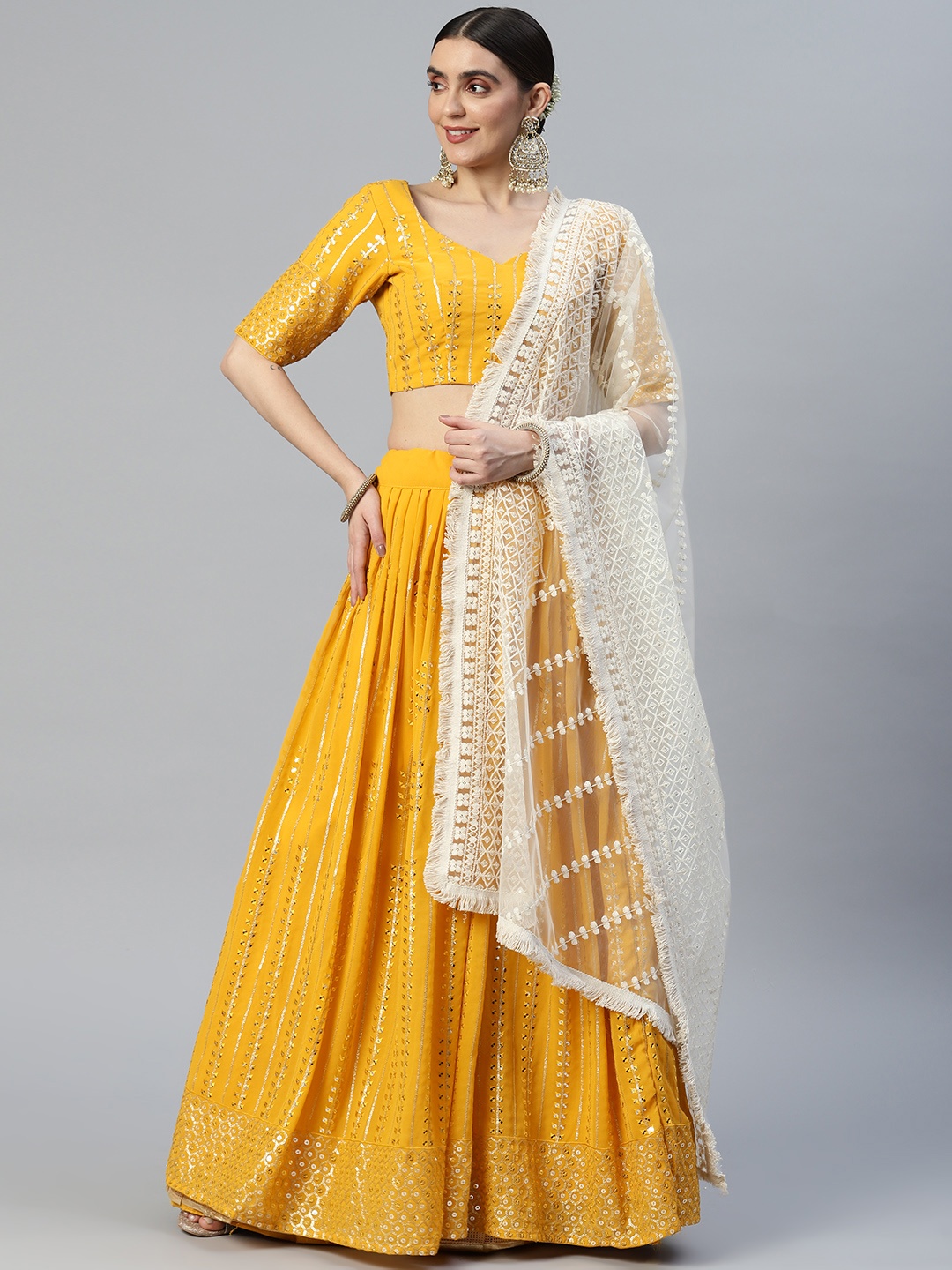 

SHUBHVASTRA Embroidered Semi-Stitched Lehenga & Unstitched Blouse With Dupatta, Yellow