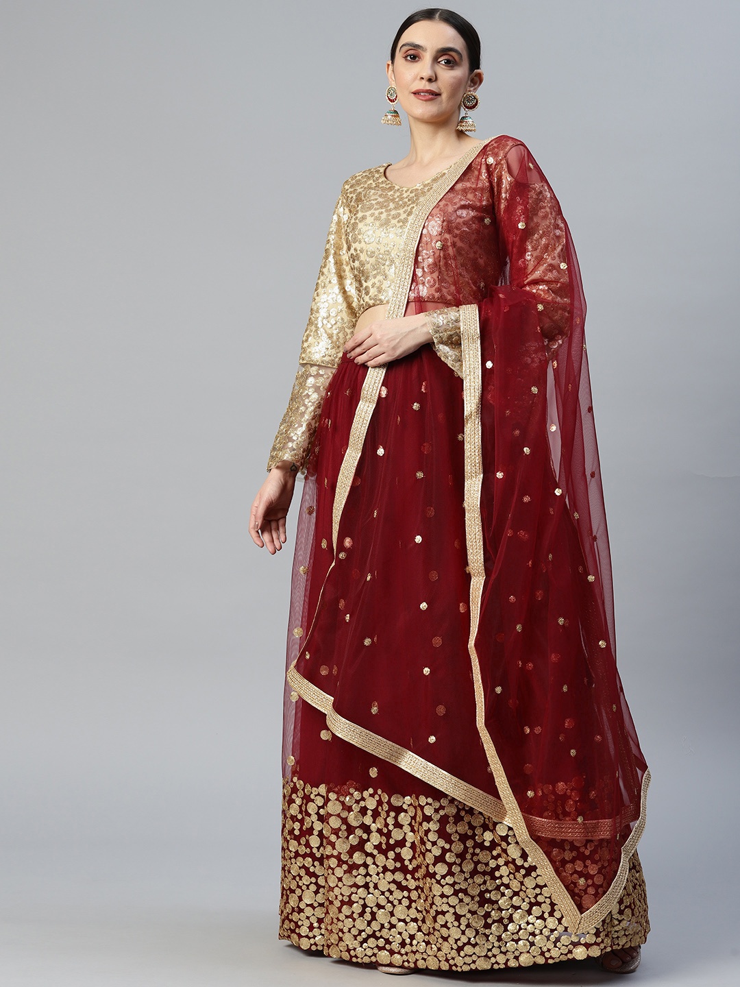 

SHUBHVASTRA Embroidered Semi-Stitched Lehenga & Unstitched Blouse With Dupatta, Maroon
