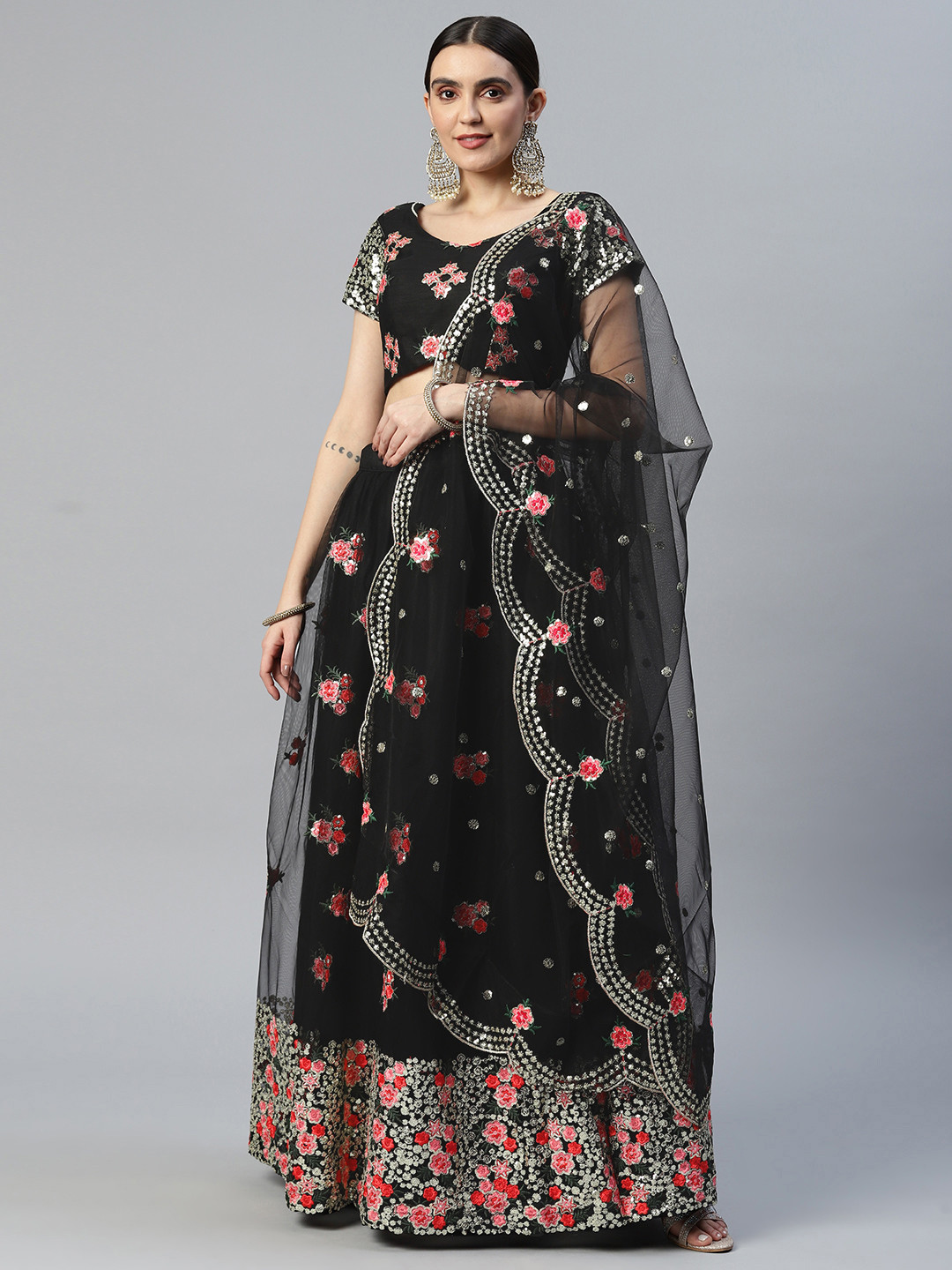 

SHUBHVASTRA Embroidered Semi-Stitched Lehenga & Unstitched Blouse With Dupatta, Black
