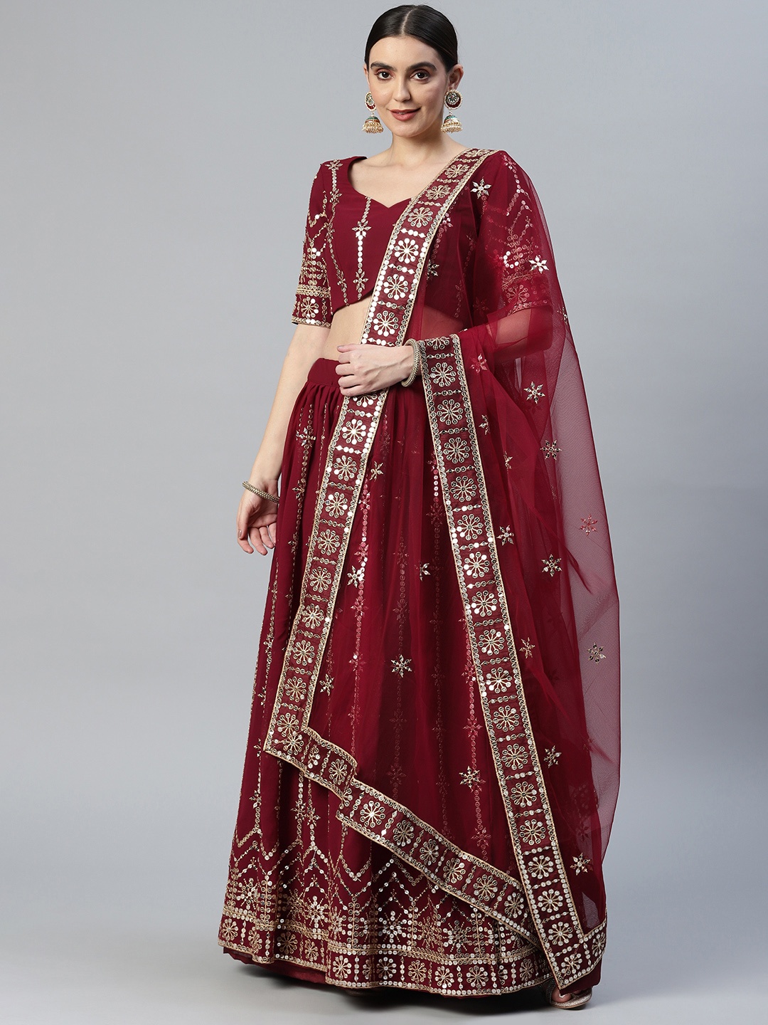 

SHUBHVASTRA Embellished Sequinned Semi-Stitched Lehenga & Unstitched Blouse With Dupatta, Maroon