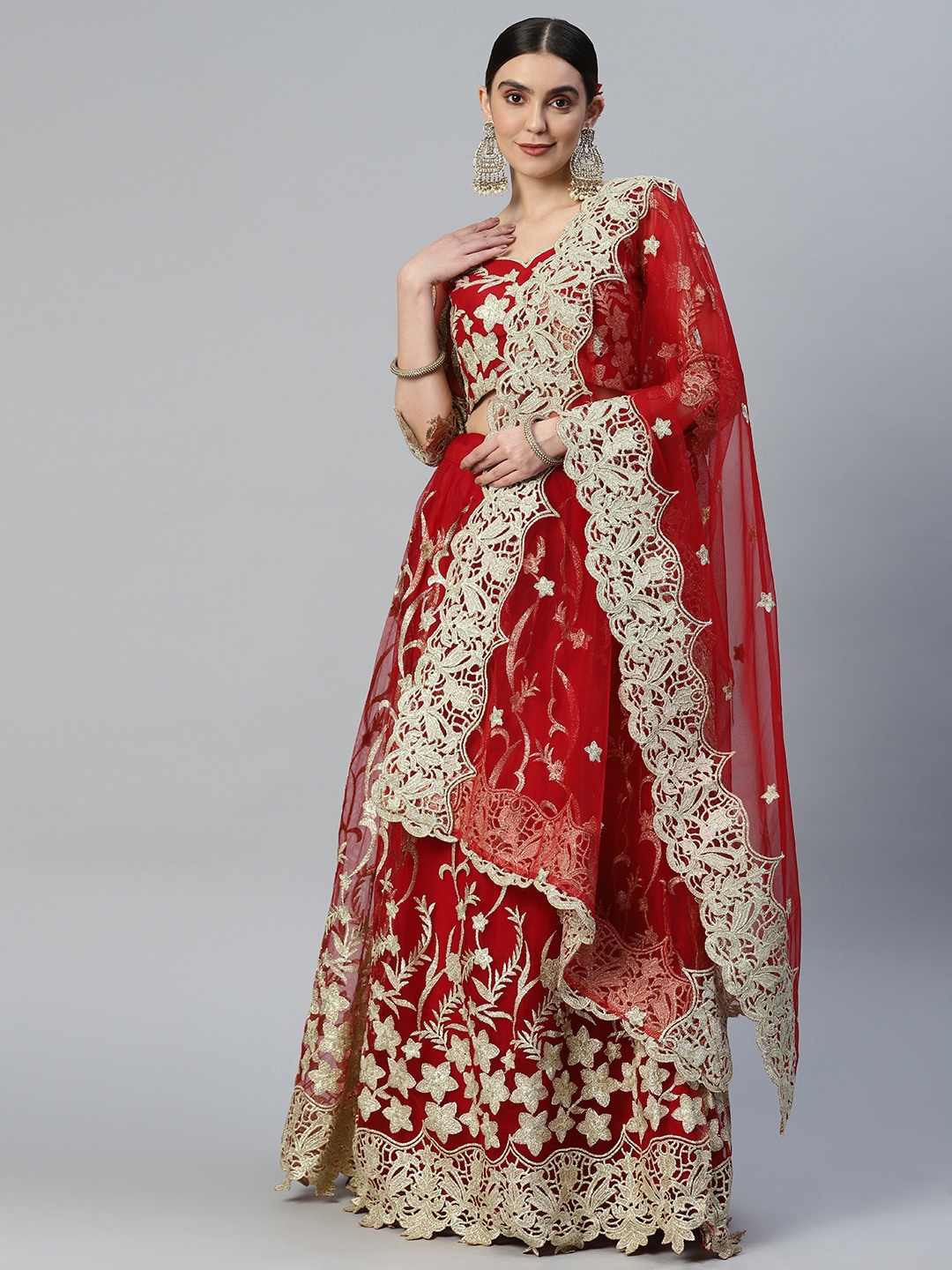 

SHUBHVASTRA Embroidered Semi-Stitched Lehenga & Unstitched Blouse With Dupatta, Red