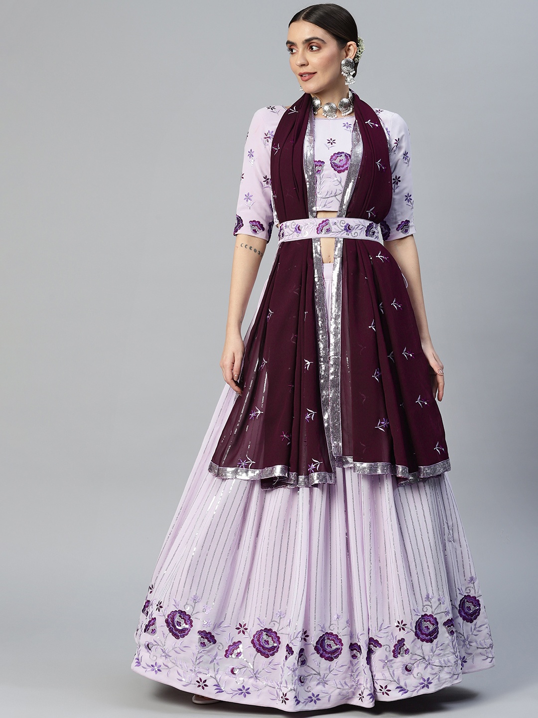 

SHUBHVASTRA Embellished Sequinned Semi-Stitched Lehenga & Unstitched Blouse With Dupatta, Lavender
