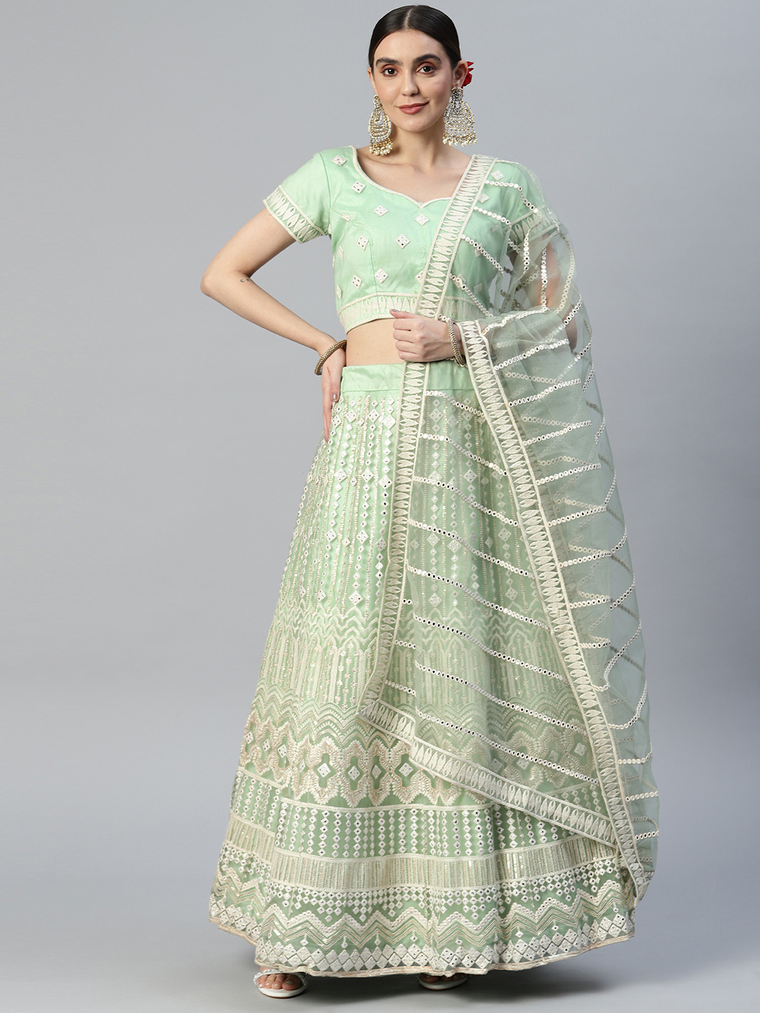 

SHUBHVASTRA Embellished Semi-Stitched Lehenga & Unstitched Blouse With Dupatta, Green